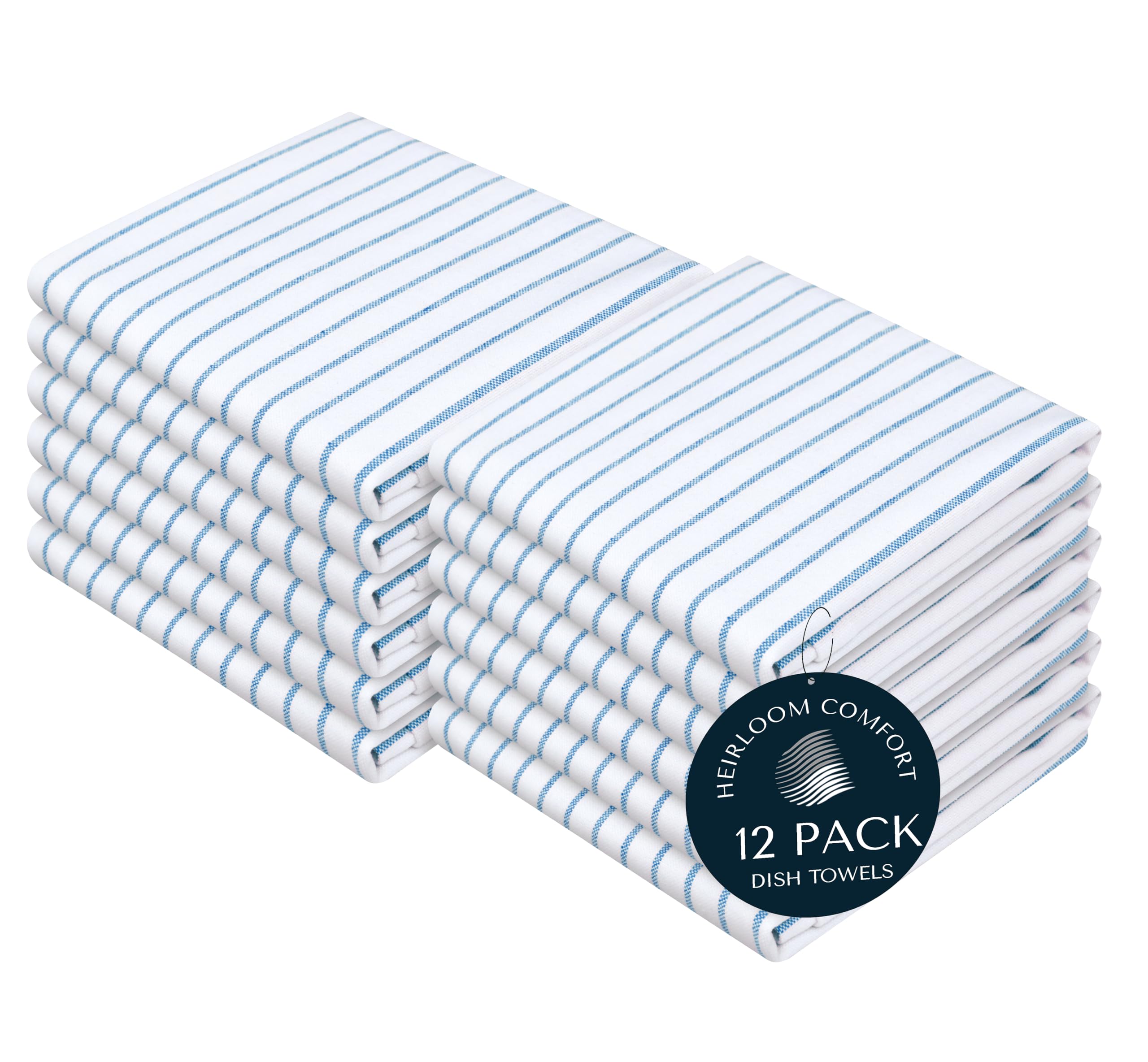 HEIRLOOM COMFORT Turquiose Blue Stripe Kitchen Towels, 12 Pack, 100% Cotton, Super Absorbent and Quick Dry, Classic Striped Towel Set, Durable Dish Cloths for Kitchen Use, Cleaning & Drying Dishes