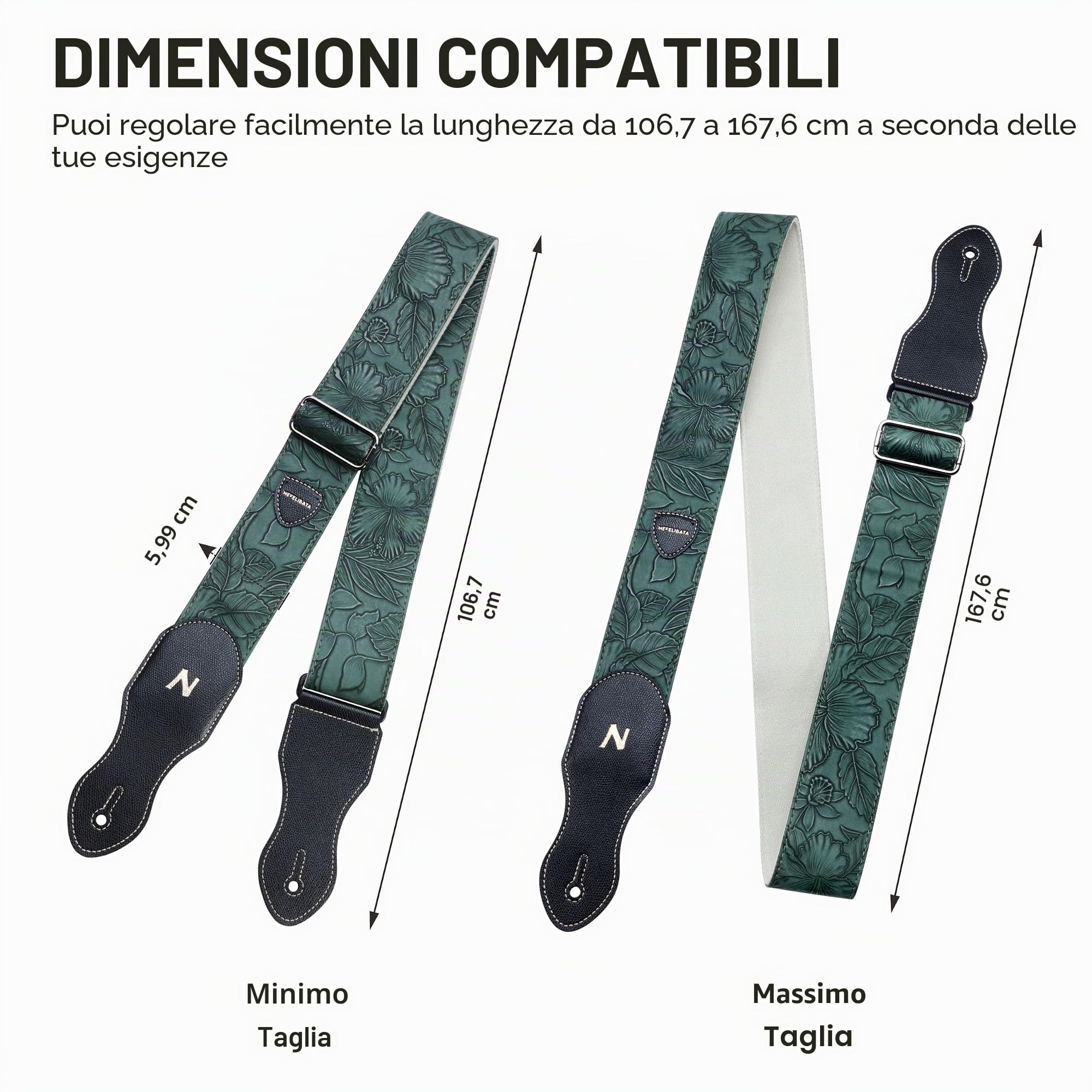 Nefelibata Tracolla per chitarra tasca per plettro, stile Porter in pelle vegana da 2,3 pollici, anni '60 west-vintage, con plettro per chitarra, bottone per la tracolla e blocco della cinghia