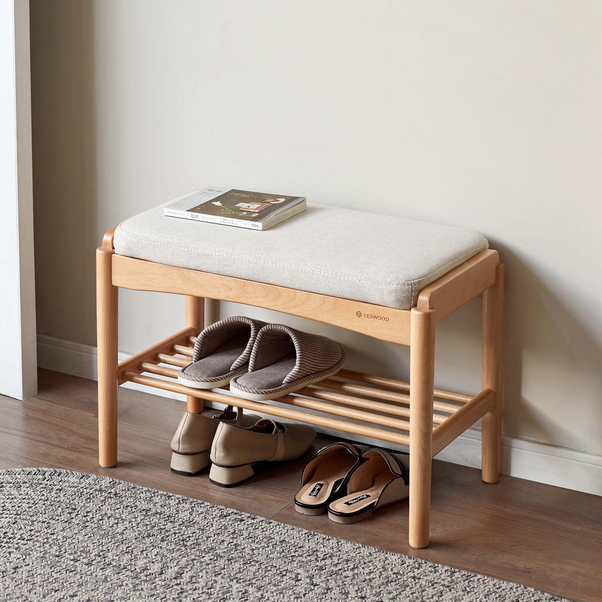 YESWOOD Schuhbank mit Sitzpolster Massivholz Buche, Sitzbank für Flur mit Schuhablage, Gepolsterte Bank mit Offenem Regal, Holz Bank für Eingangsbereich Schlafzimmer, Natur
