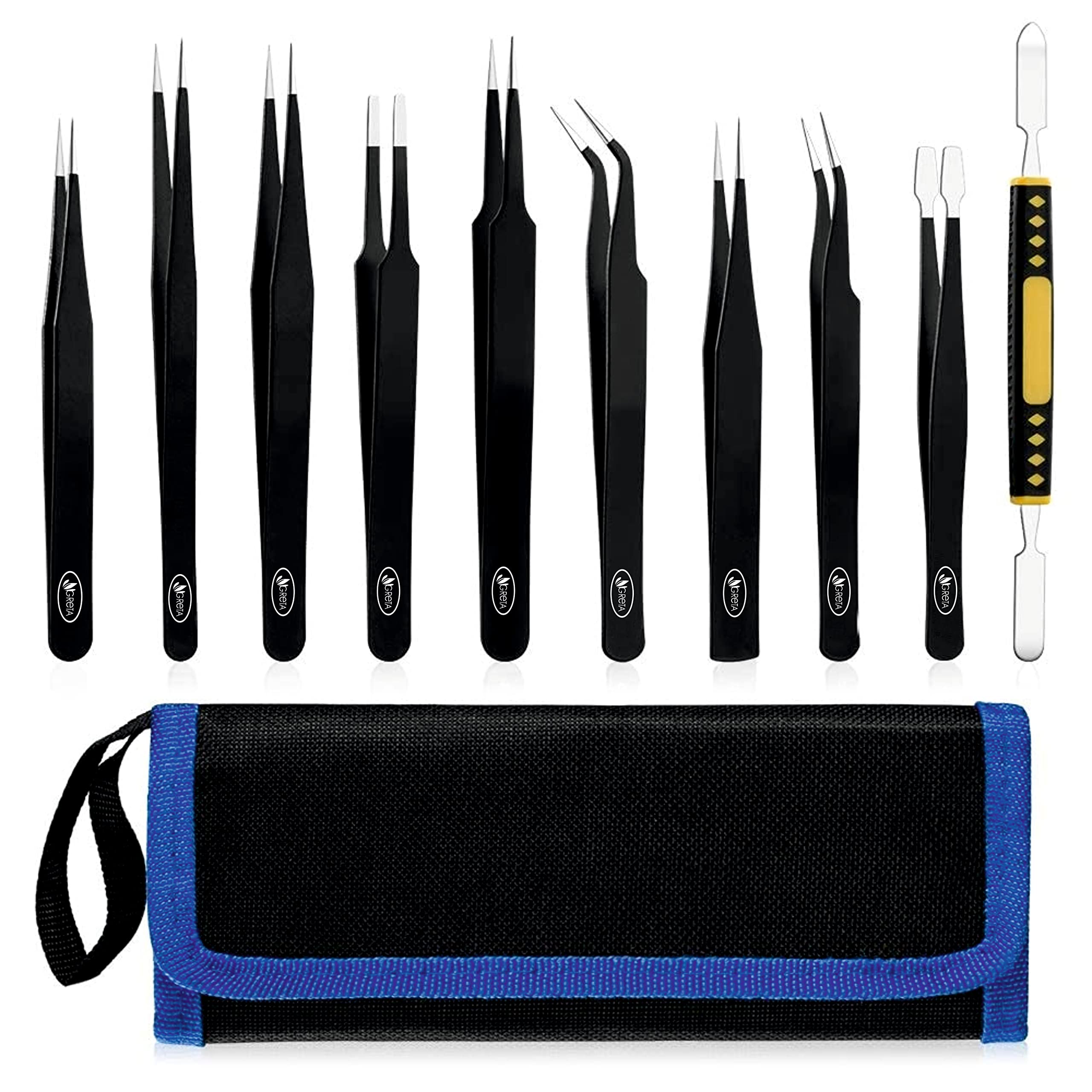 10 Pcs Precision ESD Tweezer Set Anti-Static Stainless Steel Tweezer kit for Craft, Jewelry, Electronics, Soldering, Repair Work with Storage Kit Bag