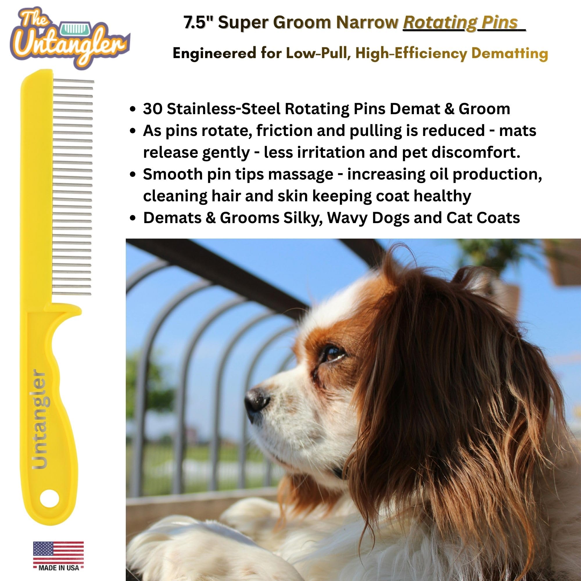 Peines Super-Groom con dientes giratorios suaves para una extracción de alfombrilla sin dolor (30 dientes finos espaciados, amarillo sol)