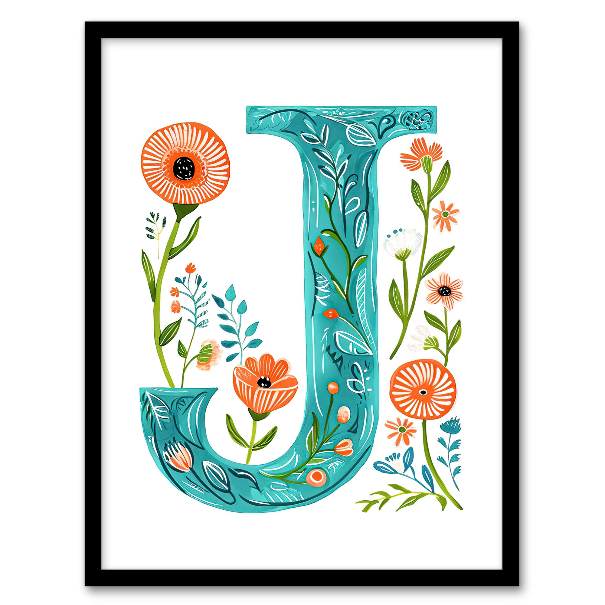 Artery8 Letter J in Watercolour Wildflowers Poppy Abstract Floral Word Art For Her Birthday Mum Wife Woman Friend Artwork Framed Wall Art Print A4