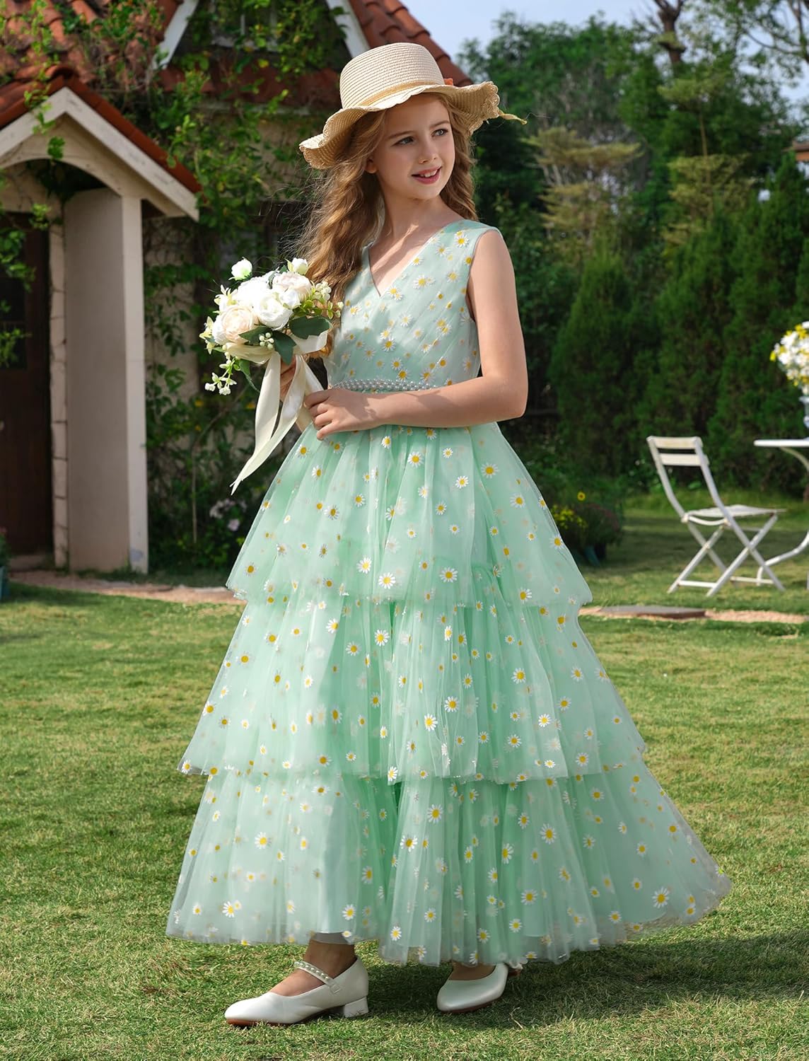 IDOPIP Flower Girls Tulle V-Neck Bowknot Dress for Kids Long A Line Wedding Pageant Dresses Princess Birthday Party Ball Gown - Image 3