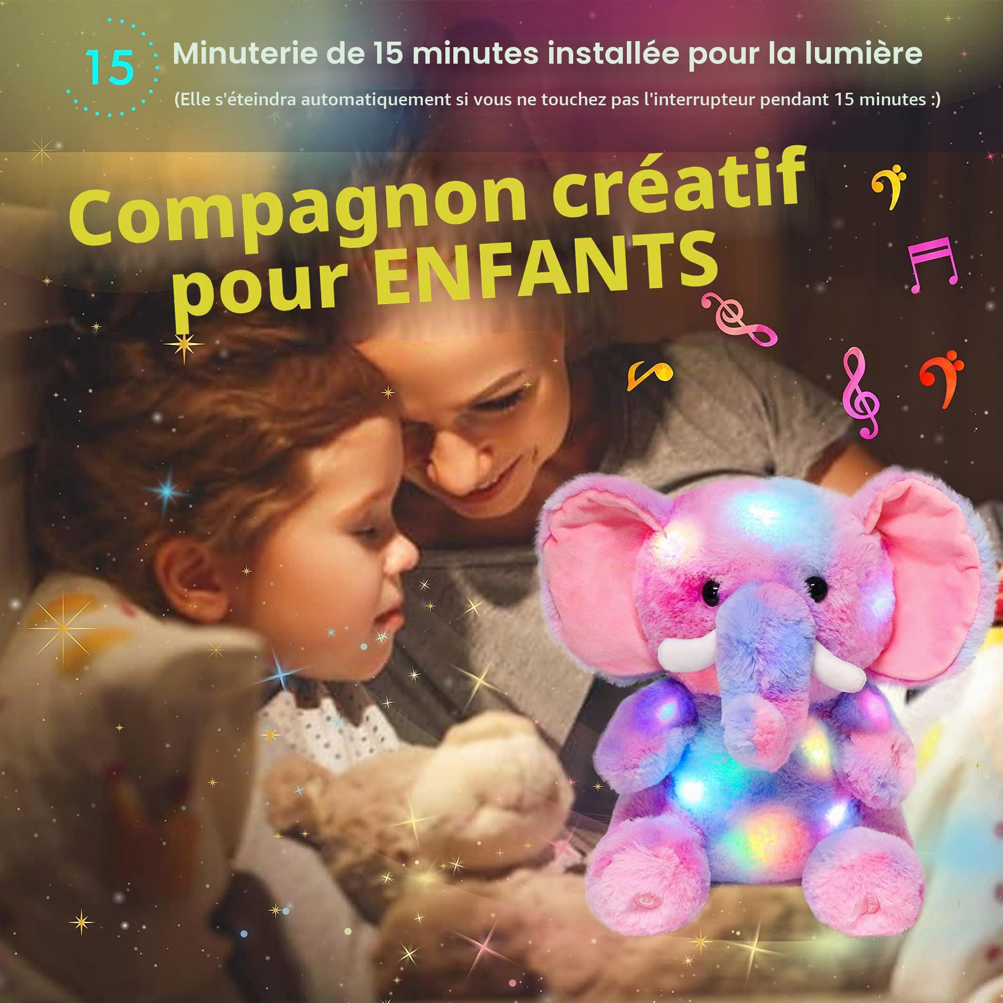 Hopearl Peluche Musicale à LED Multicolore - Éléphant Lumineux - Peluche chantante - Réglage du Volume - Berceuse animée - Apaise - Fête d'anniversaire pour Enfants en Bas âge - Arc-en-Ciel - 28 cm