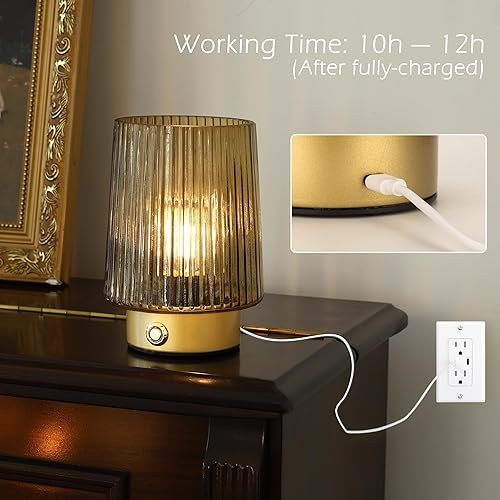 Miniatura 4 de Lámpara inalámbrica recargable con pilas, lámpara de mesa pequeña de cristal, portátil, regulable, brillo táctil, lámpara de noche inalámbrica para