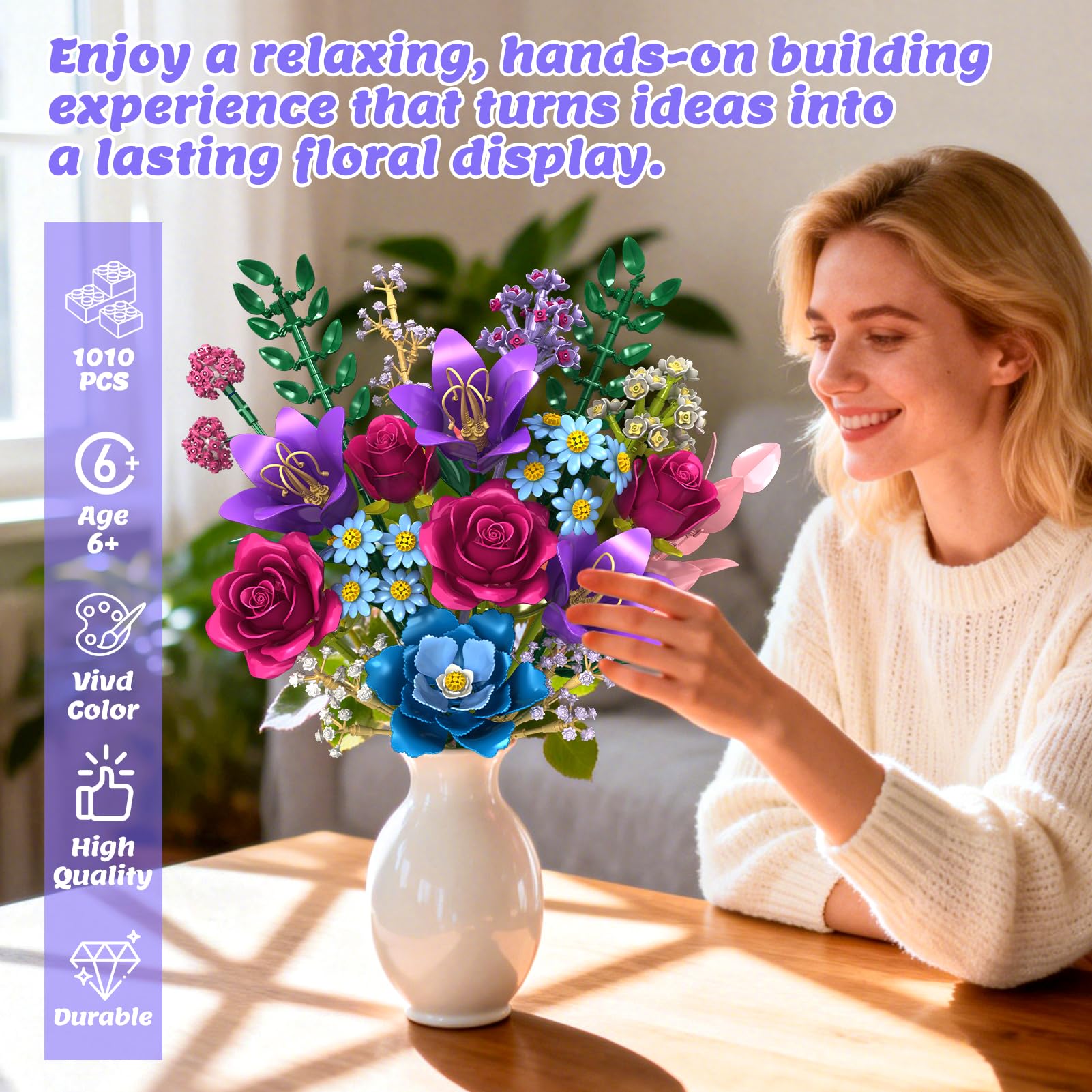 Fleurs Briques De Construction, 19 Multicolore Bouquet avec Rose, Lys, Kit de fleur artificielle, DIY Jouet Créatif Cadeau pour Adultes Femmes Filles 6+, pour Fête des Mères, Anniversaire, Déco - 4