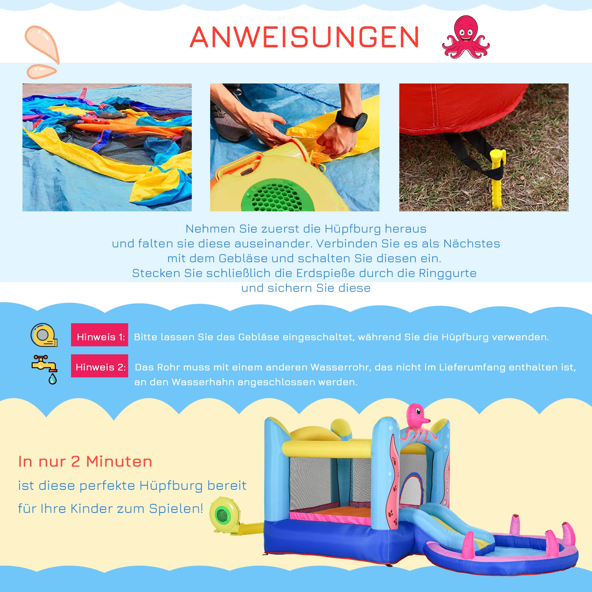 Outsunny Aufblasbare Hüpfburg mit Rutsche Springburg Spielburg Wasserpark für Kinder Trampolin aufblasbar Wasserrutsche Pool für 3-8 Jahre Oktopus-Muster Oxfordstoff 360 x 175 x 180 cm