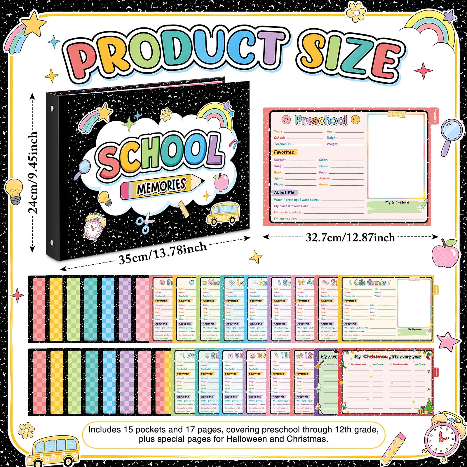 Eaasty Libro de recuerdos escolares para niños, álbum de recortes escolar con 15 bolsillos de recuerdo de preescolar a 12º grado, día y año, para almacenamiento de fotos de la infancia (cuaderno de