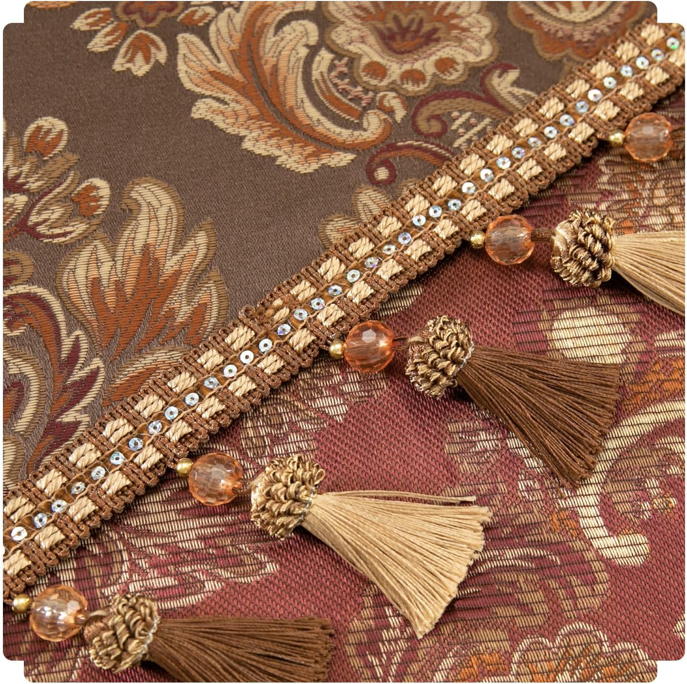 Leeva Victorian Coffee Brown Waterfall Valance - Heavyweight Swag with Beaded Tassels, 39-Inch Damask Jacquard Valance for Bedroom & Living Room Windows