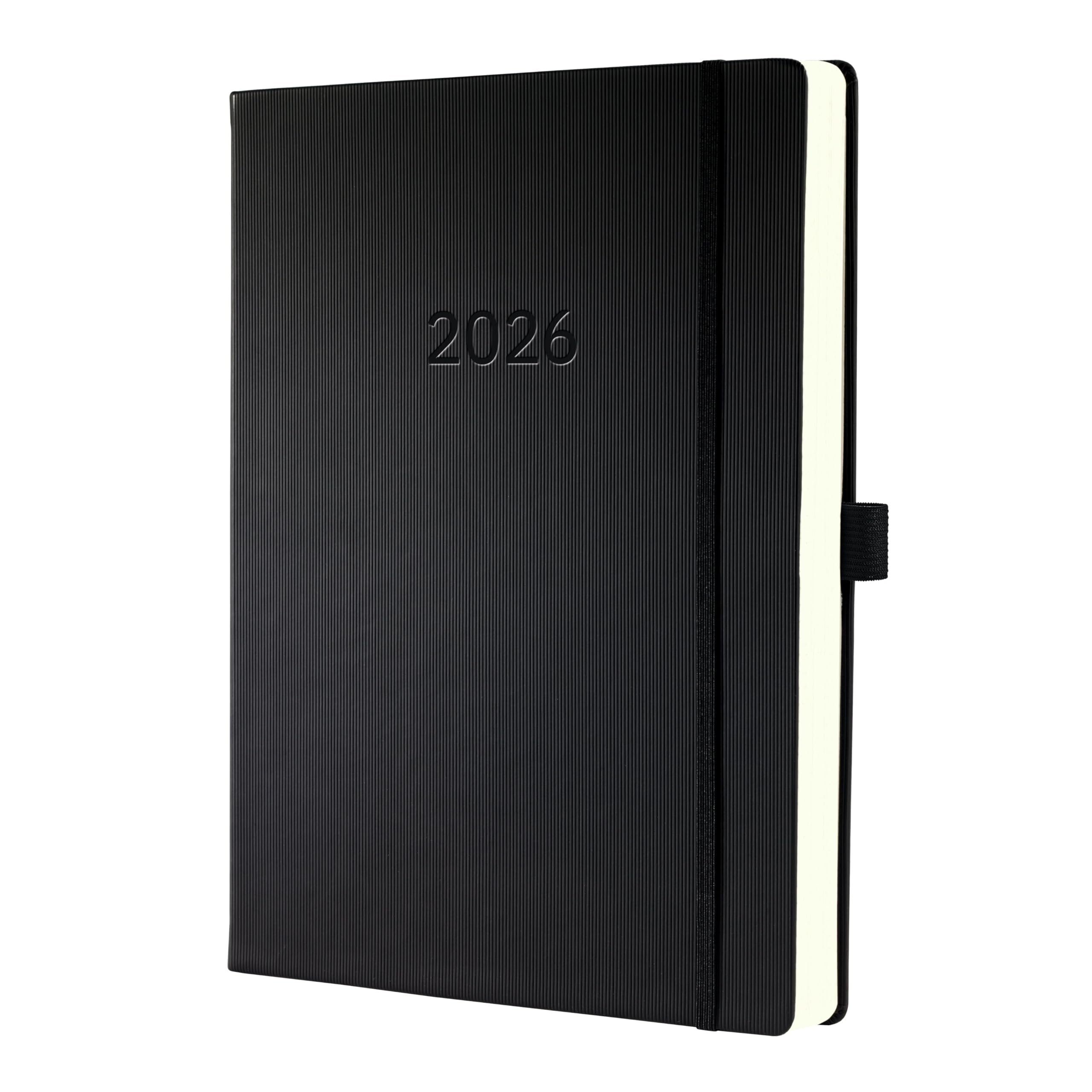 SIGEL C2604 Planungsbuch XXL, Terminkalender 2026, A4+, 1 Tag = 1 Seite, für 4 Personen, schwarz, Hardcover, 480 Seiten, Gummiband, Stiftschlaufe, Archivtasche, Kalenderbuch Conceptum