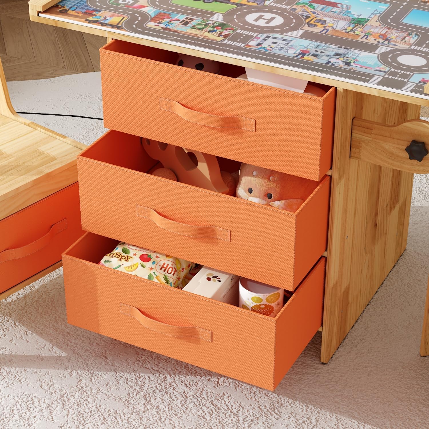 Solid Wood Kids Table and Chair Set, Toddler Activity Table with 2 Chairs, Storage Drawers, Paper Roll Holder & Play Board, Art Craft Play Desk for Nursery Playroom Drawing Reading