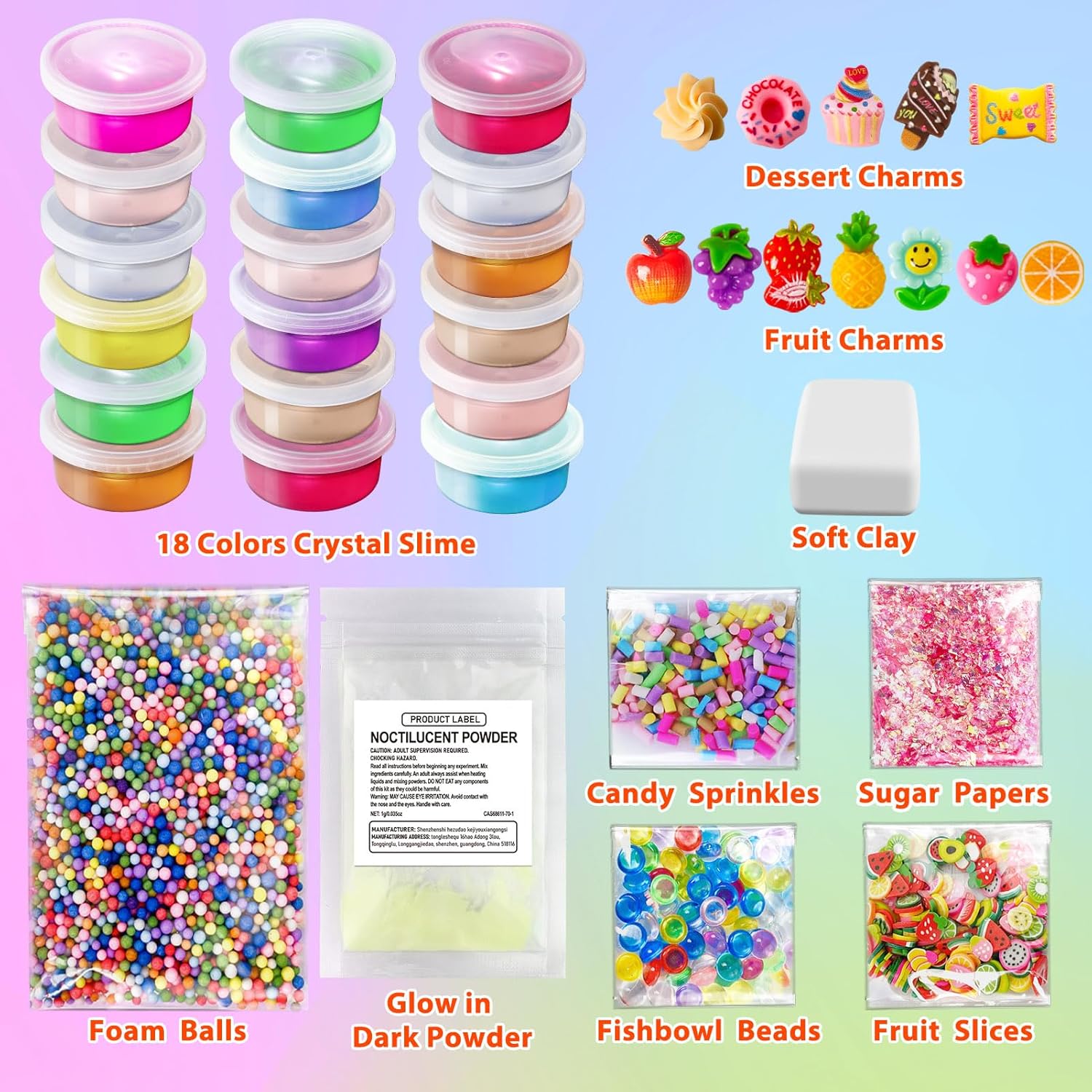 18 Cups DIY Slime Kit, Slime Making Kit for Girls, Crystal Clear, Glow in The Dark Slime with Add-ins, Foam Balls, Charms, Party Favors Gift Toys for Kids 3-12