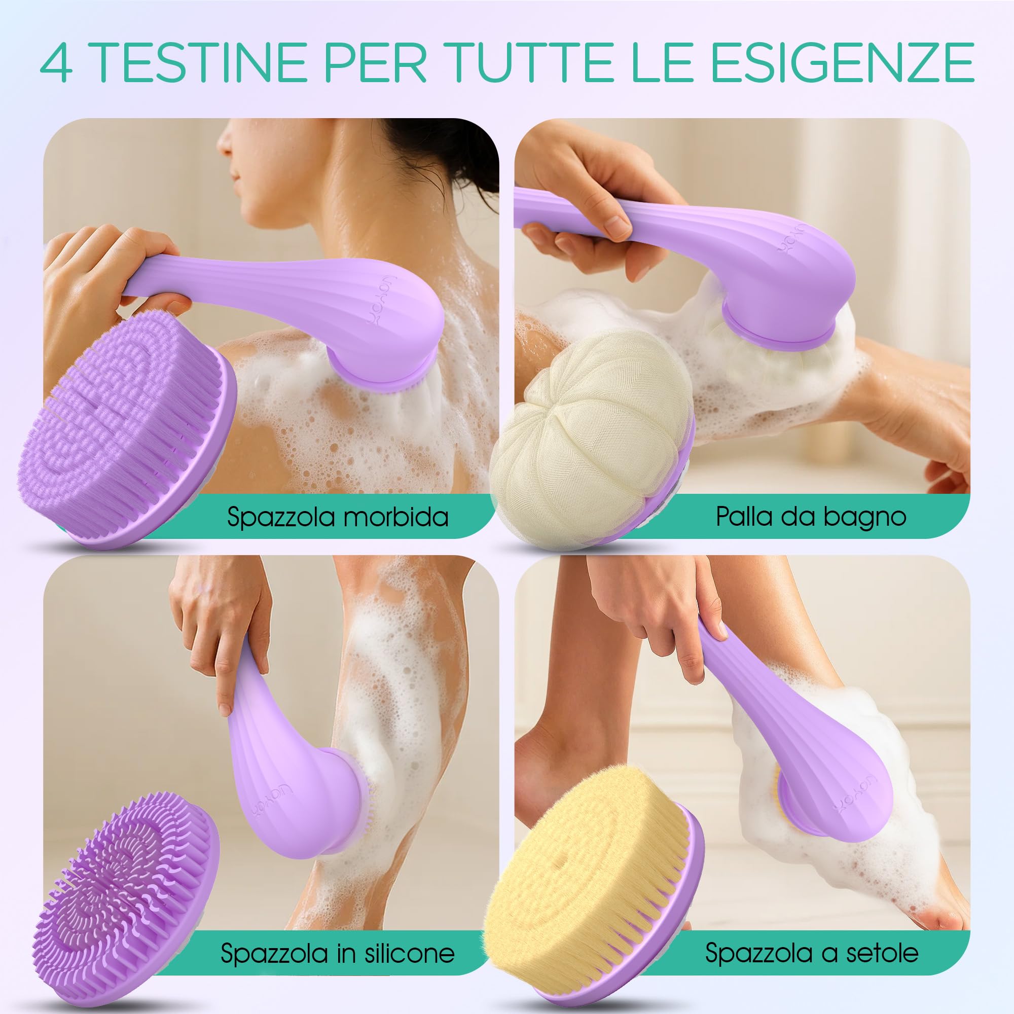 VOYOR 4-IN-1 Spazzola Schiena Doccia Spazzola Corpo Elettrica Spugna Doccia Silicone Con Manico Lungo IPX6 Impermeabile 4 Accessori Per Spazzola Esfoliante 2 Ingranaggi Spazzola Doccia BC300 (Viola)