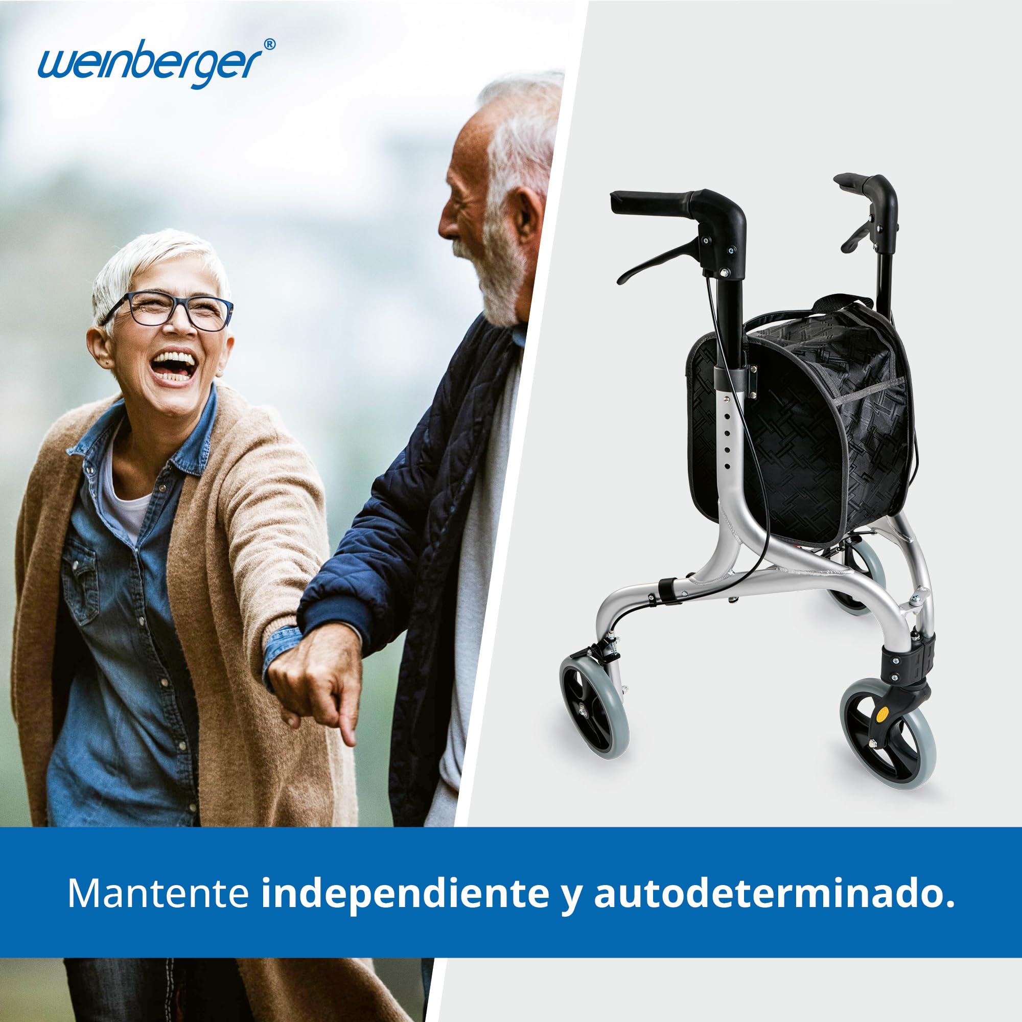 WEINBERGER faltbarer, klappbarer Aluminium Rollator mit 3 Rädern und Tasche, schmal, leicht und wendig, nur 4,2 kg, Farbe: Silber-Schwarz, Modell: 02217