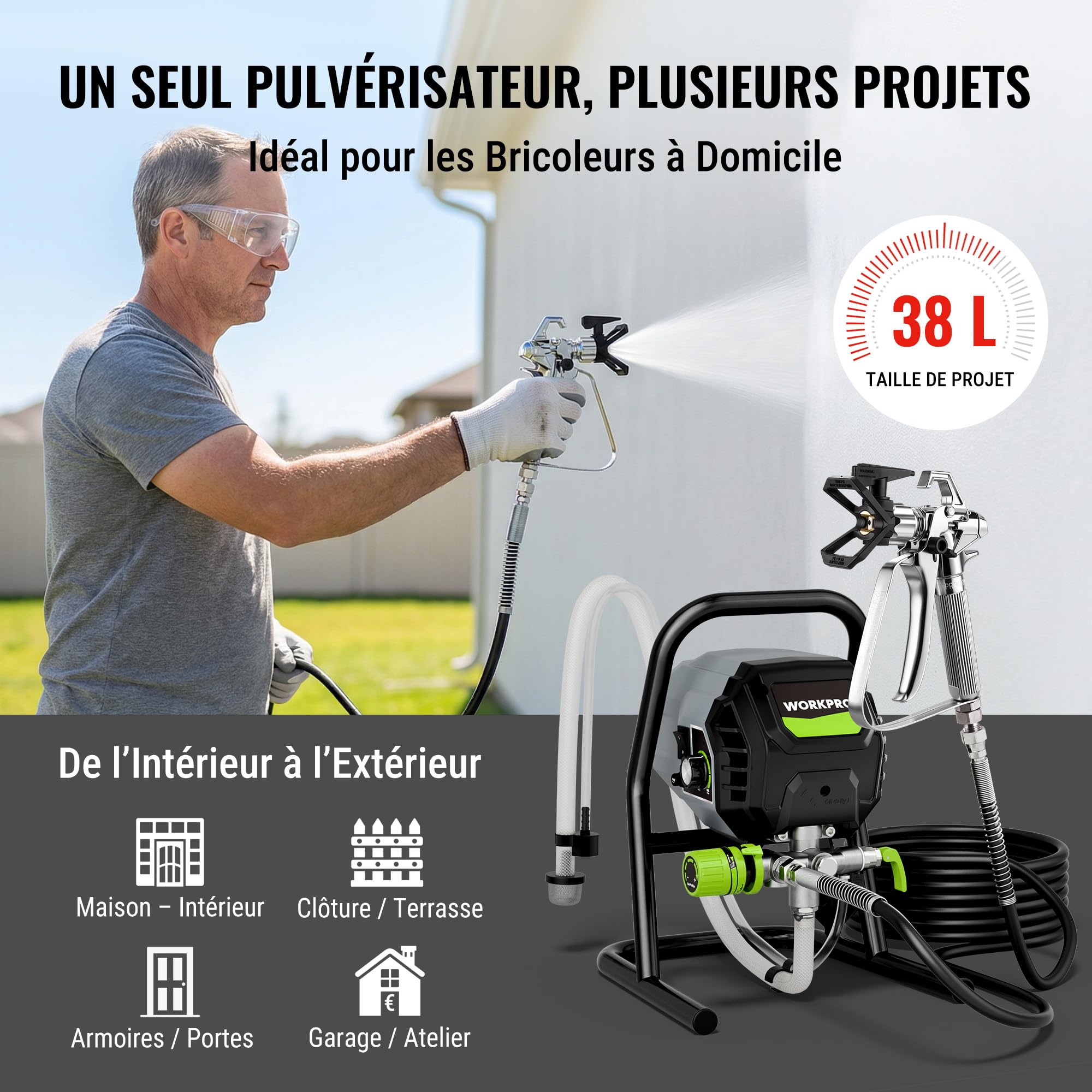 WORKPRO Pulvérisateur de Peinture Airless 700 W | 2900 PSI/200 Bar Haute Efficacité sans Dilution avec Rallonge, Pistolet à Peinture Électrique pour Intérieur et Extérieur