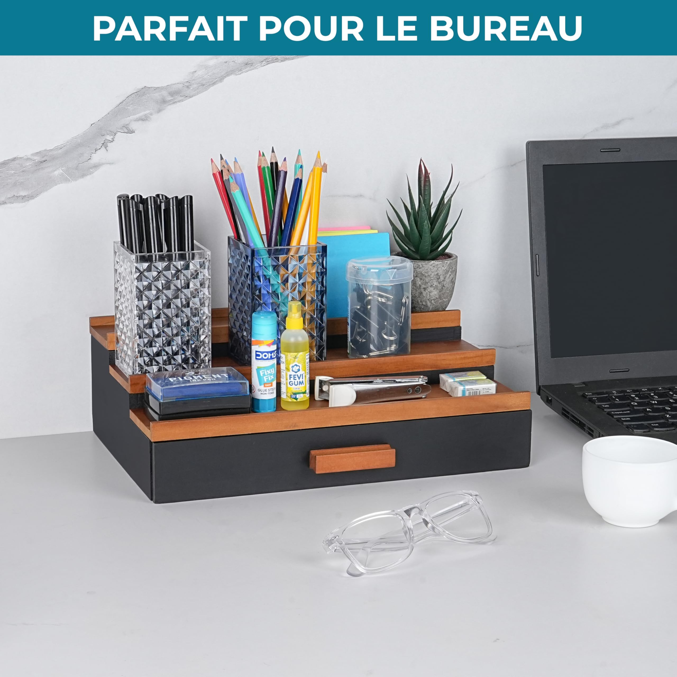 Winter Shore Presentoir Escalier en Bois avec Tiroir - Support Parfum avec Tiroir - Presentoir Parfum pour Hommes - Organisateur Coiffeuse - Rangement Parfum Organisateur à 3 Niveaux pour Comptoir