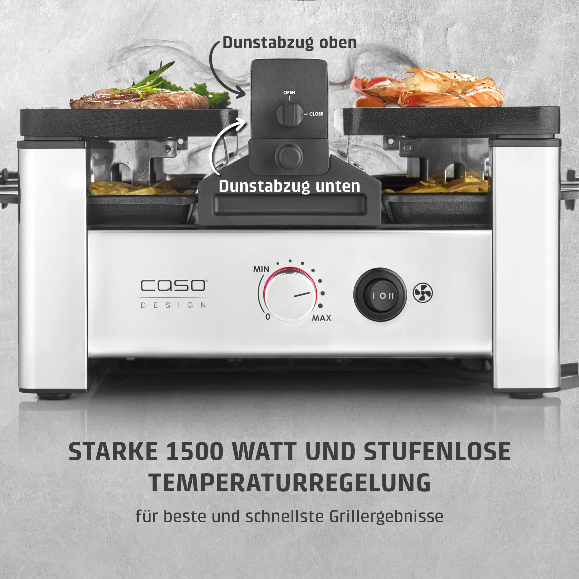 CASO Raclette AirClean - Raclettegrill mit integriertem Dunstabzug, für 8 Personen, schnelles Aufheizen, Antihaft Keramik-Beschichtung (PFAS-frei), 1500 Watt, austauschbarer Geruchs- und Kohlefilter