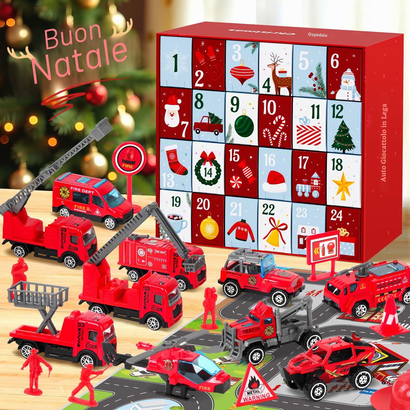 Calendario Avvento 2026 Bambino,Macchinine Calendario dell'avvento Bambini,Calendario Avvento Cars Camion dei Pompieri 3-12 Anni,Calendario per il Conto alla Rovescia di 24 Giorni,Natale Regalo Giochi