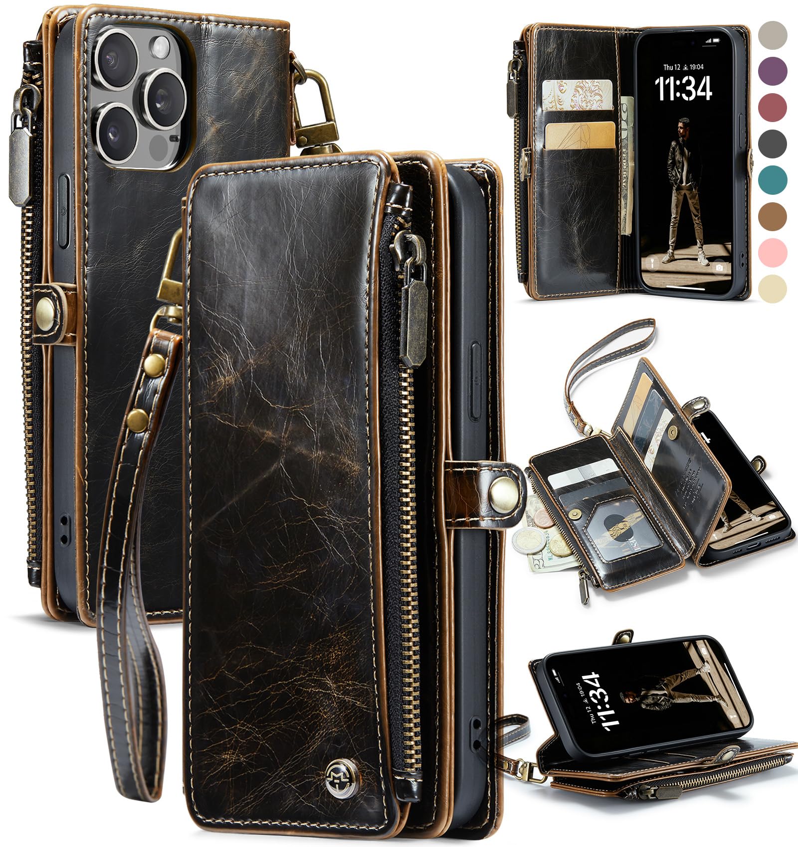 Dteck Crossbody Wallet Case For IPhone 13 Pro RFID Blocking 7-Card Holder Soft PU Leather Magnetic Closure Shoulder Strap Zipper Pocket Phone Case Fit For IPhone 13 Pro,Black
