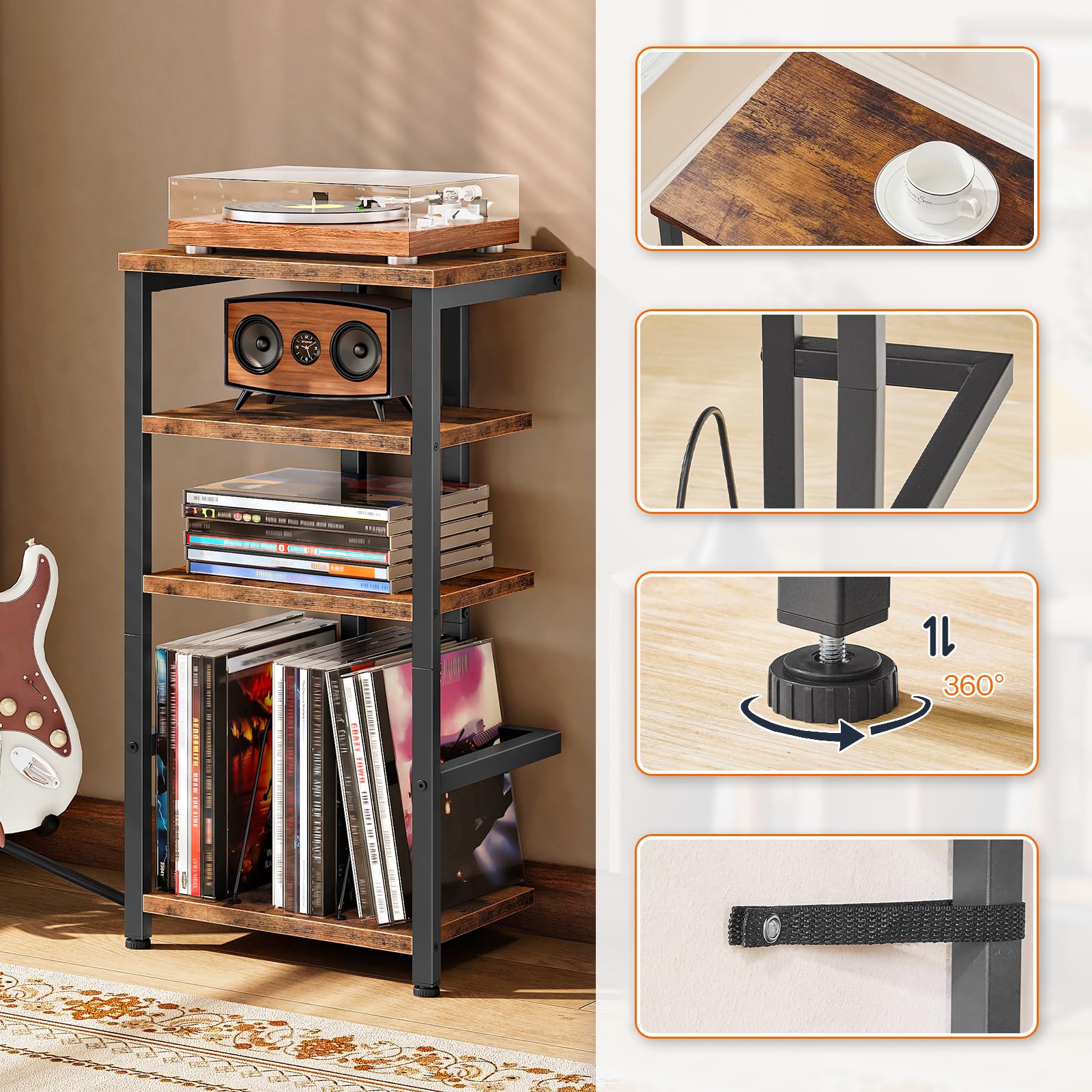 HOOBRO Meuble Tourne-Disque Style Vintage, Rangement Vinyles 4 Niveaux, Étagère Média pour Équipement Audio, Meuble Audio, Hauteur 39 x 28 x 76 cm, pour Salon, Marron Rustique et Noir EBF42CJ01