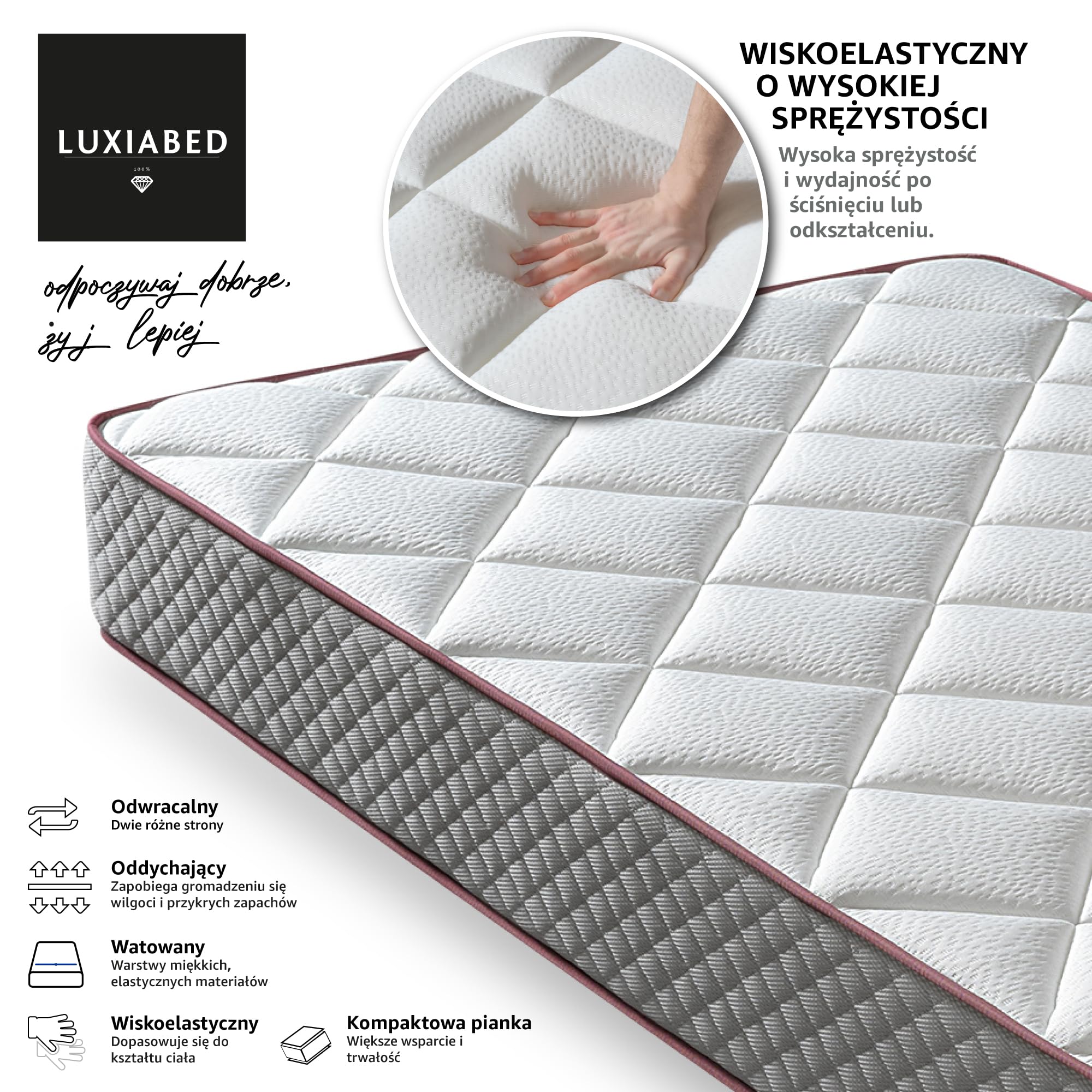 LUXIABED Materac 90 x 200 wiskoelastyczny Plus dwustronny dwustronny pojedynczy zimowy letni antyroztoczowy i oddychający rdzeń Flexycell. Komfort + średnia twardość szary model Elixir wysokość 14 cm