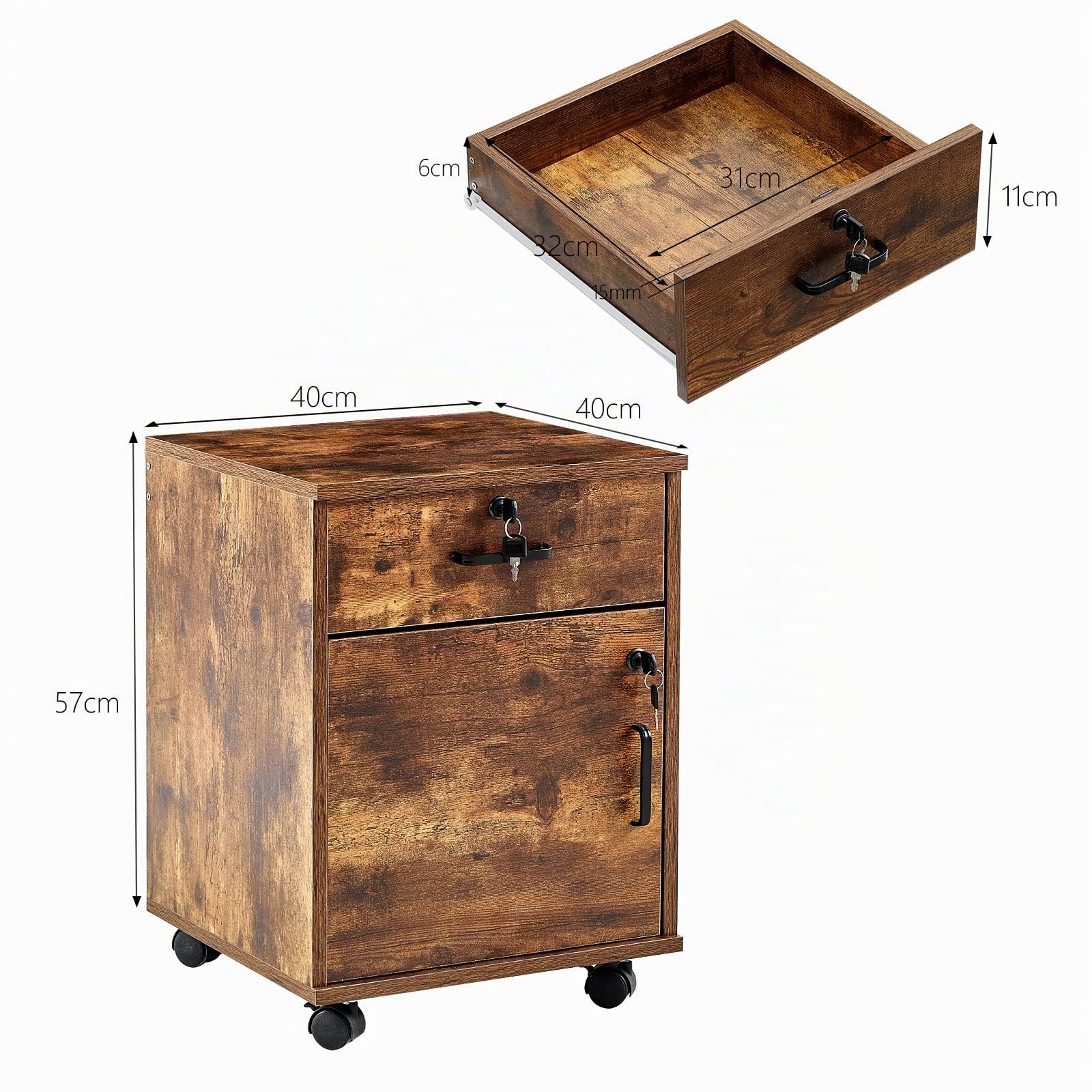 CLIPOP Rollcontainer Abschließbare Aktenschrank Holz Schublade Aktenschrank mit 1 geschlossenem Speicher und 4 Rolling Wheels, Mobile unter Schreibtisch Schrank für A4 Papier und Aktenordner