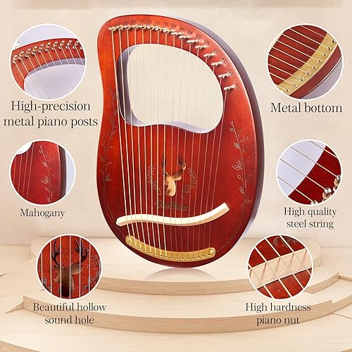 Miniatura 2 de Arpa de lira, kit de arpa de Lyra de caoba de 16 cuerdas, instrumentos musicales de cuerda con llave de afinación, bolsa de instrucciones (idioma