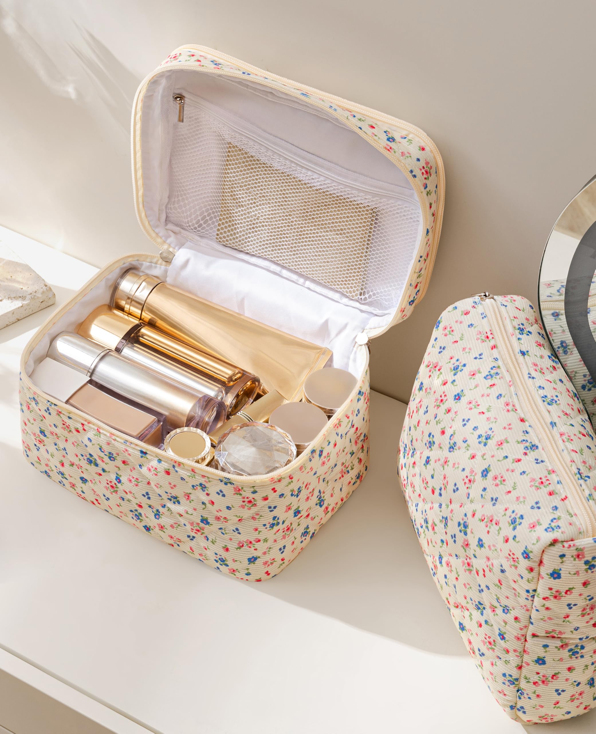 HBselect Reise-Make-up-Tasche, große Baumwolle, gesteppt, Make-up-Tasche, Kosmetiktasche, niedliche Make-up-Tasche, Kulturbeutel für Damen und Mädchen, 2 Stück, 2 x Blumen-3, 10.1 x 5.3 x 5.9 inches