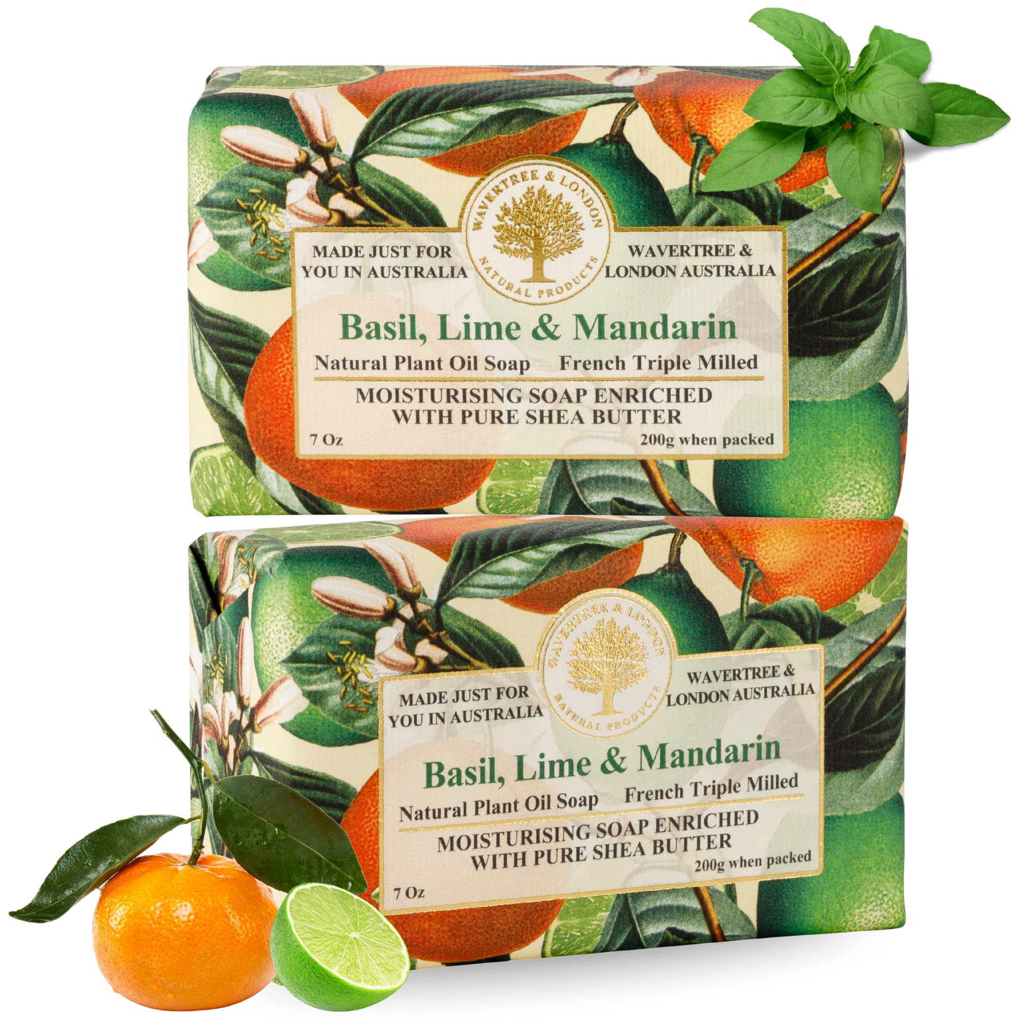 Wavertree & London Basil Lime & Mandarin Scented Natural Soap (2 Bars), 7oz Moisturizing French Triple Milled Soap Bars enriched with shea butter - Pure Plant Based Bath & Body Bars for All Skin Types