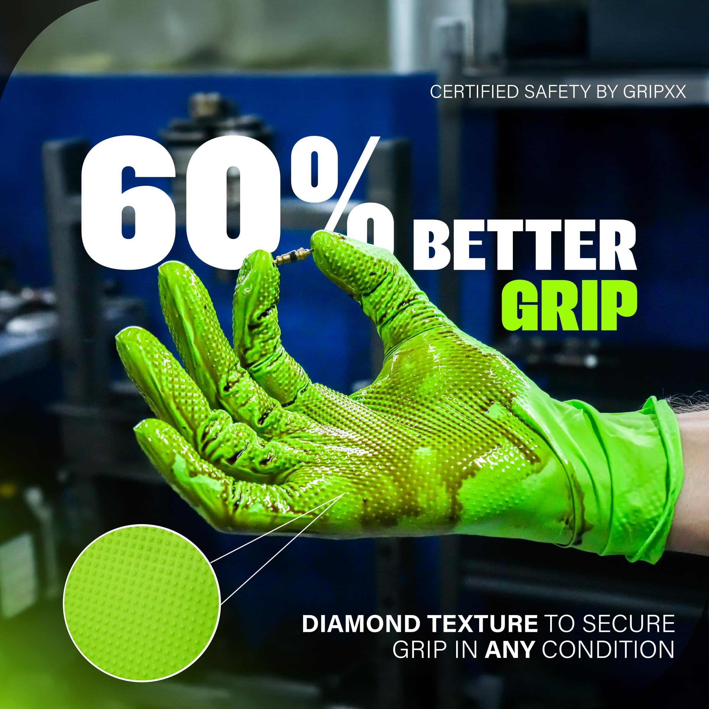 GRIPXX Herkules Grip Heavy Duty 8Mil Green Nitrile Gloves,3D