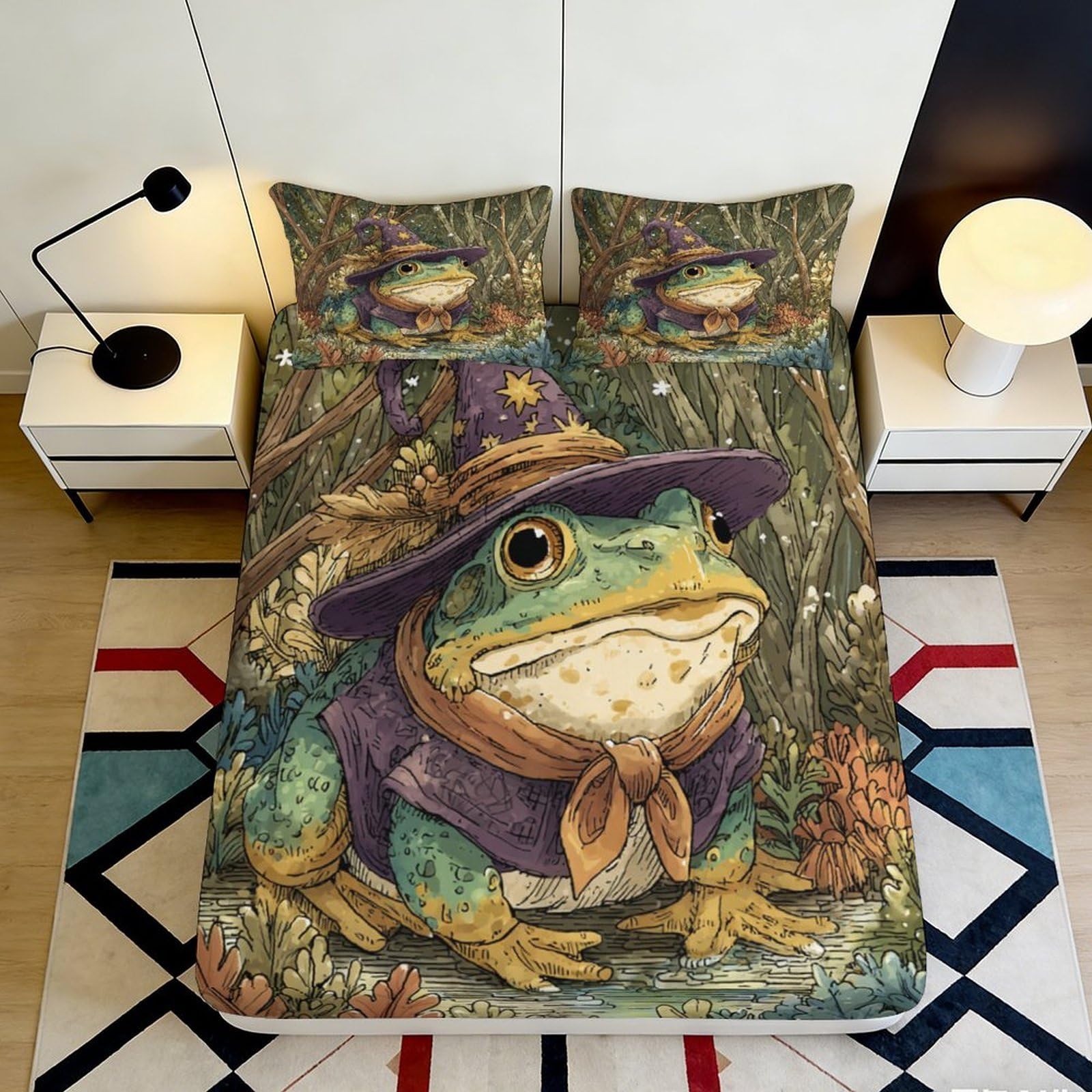 3D Printed Frog Wizard Fitted Sheet Microfiber Brown Green Forest Mattress Cover for Bedroom Dorm Mattress Protection Decor 90x200x25cm