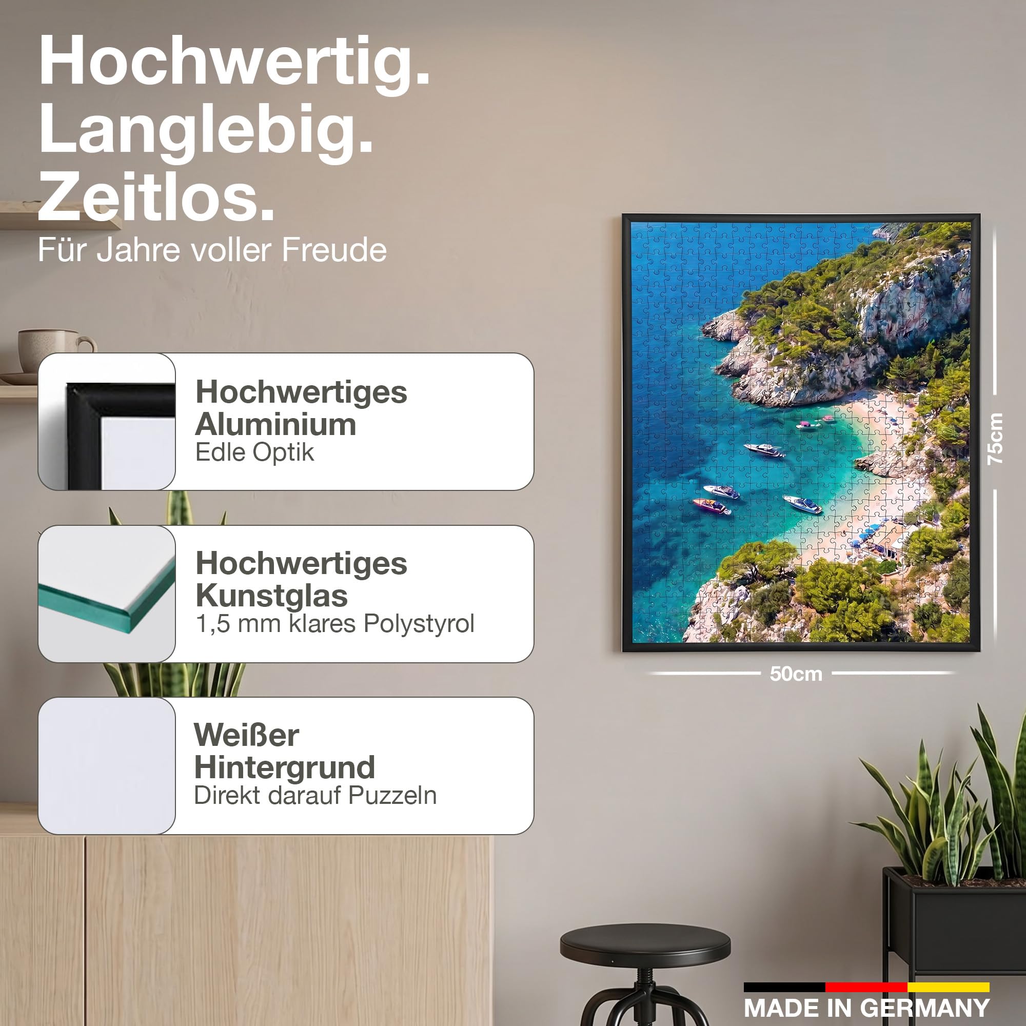 Puzzle Rahmen 50x75 cm in Schwarz Aluminium Profil - Made in Germany - Puzzlerahmen 1000 Teile - 50 x 75 cm - Bilderrahmen für Puzzle 1000 Teile - Aluminiumrahmen