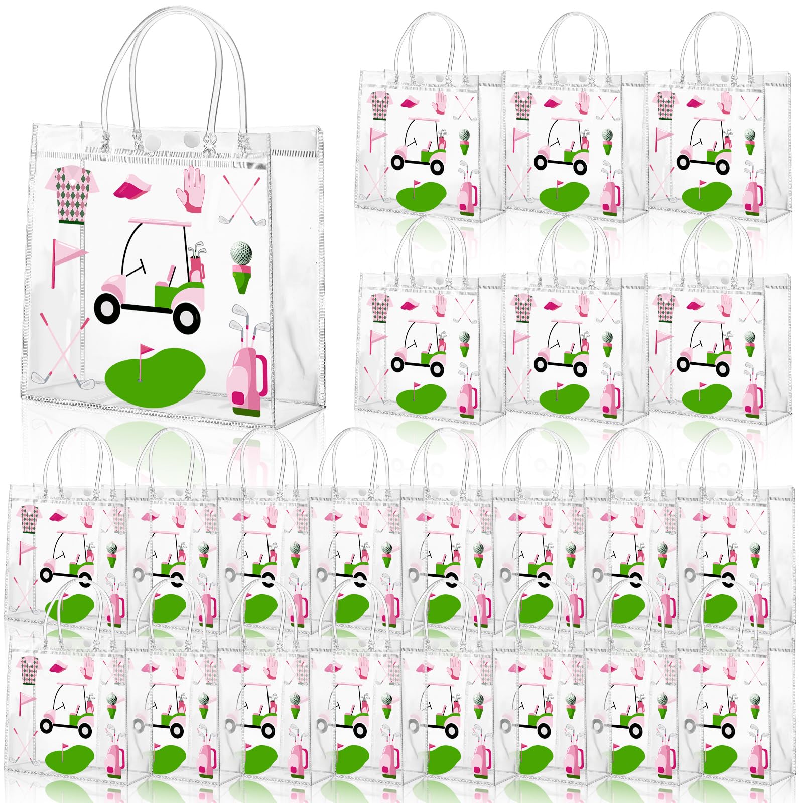 Sweetude 24 Pieces Golf Gift Goodie Bags with Handles 8x8x3.15 Inch Pink and Green PVC Golf Theme Party Favor Clear Treat Bags Bulk for Sports Party Competition Team Birthday Gifts