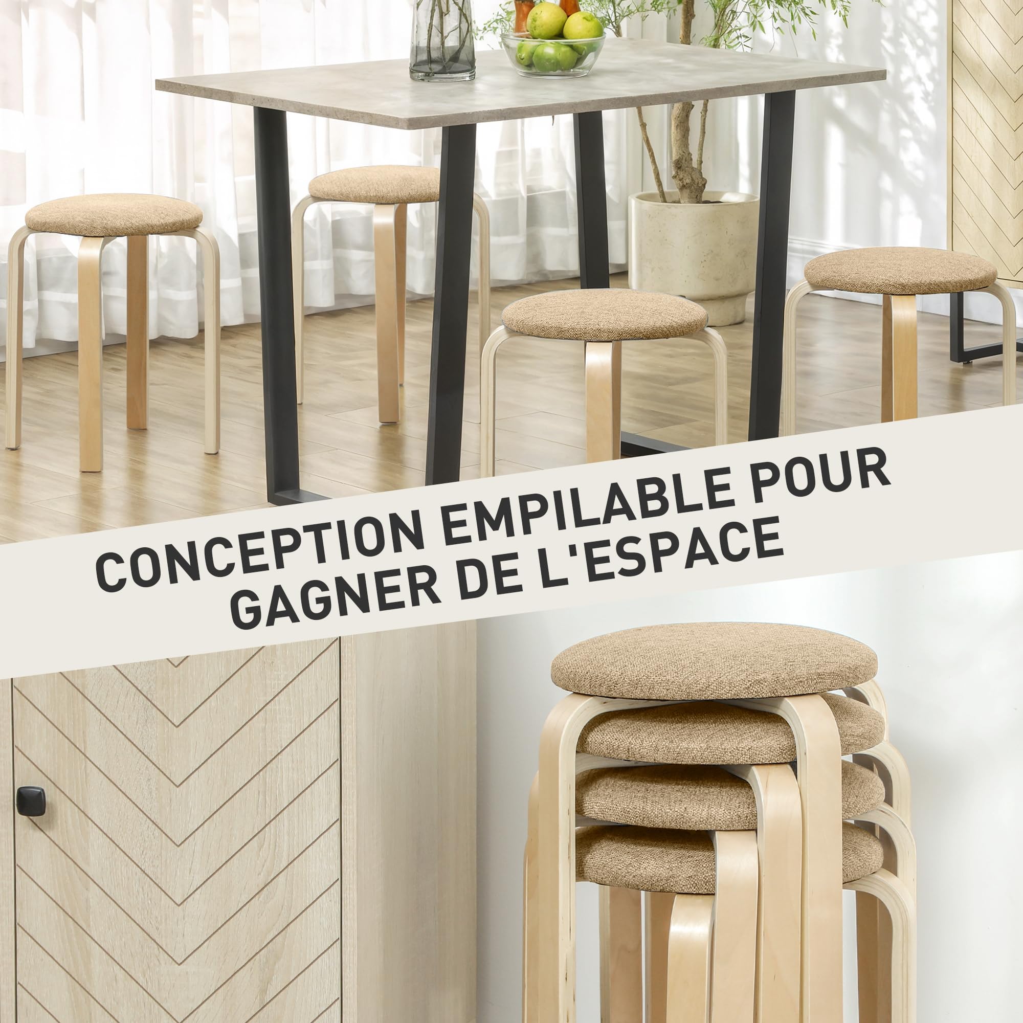 HOMCOM Ensemble de 4 Tabourets Empilables Modernes, Tabourets Ronds sans Dossier, Assise Rembourrée, 40 x 40 x 45 cm, Kaki