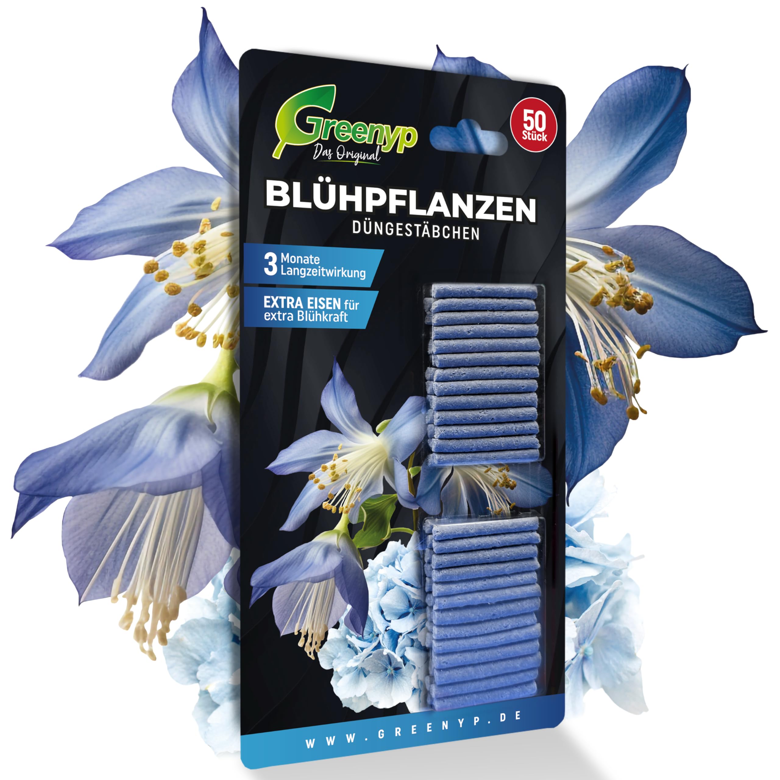 Greenyp 150x Blühpflanzen Düngestäbchen für alle Zimmerpflanzen, Balkonpflanzen und Kübelpflanzen I Universal NPK Blumendünger I Langzeitdünger mit Extra Eisen und 3 Monate Düngekraft