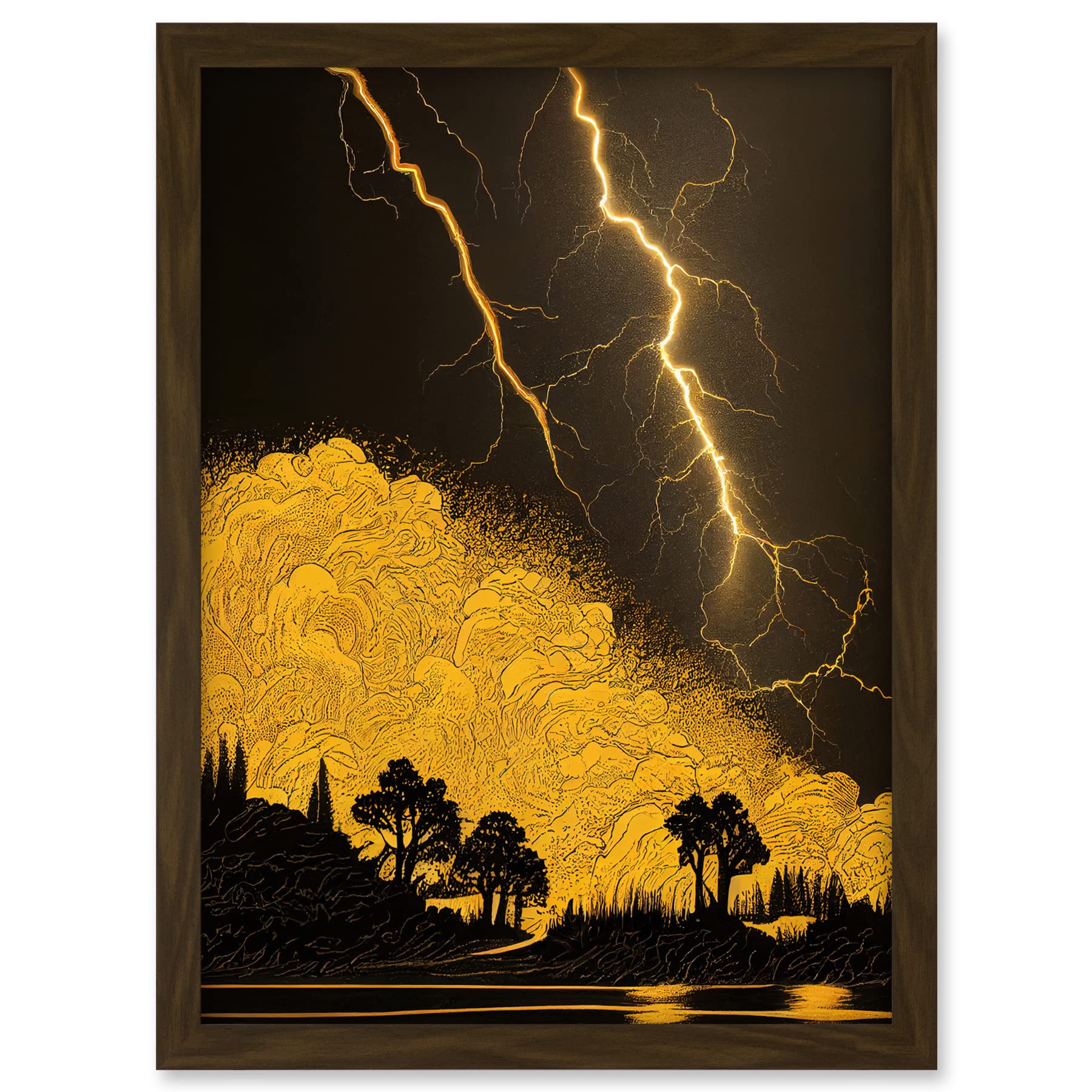 Wee Blue Coo Gold and Black Thunder Storm with Bright Lightning at Lakeside Tree Silhouette Artwork Framed A3 Wall Art Print