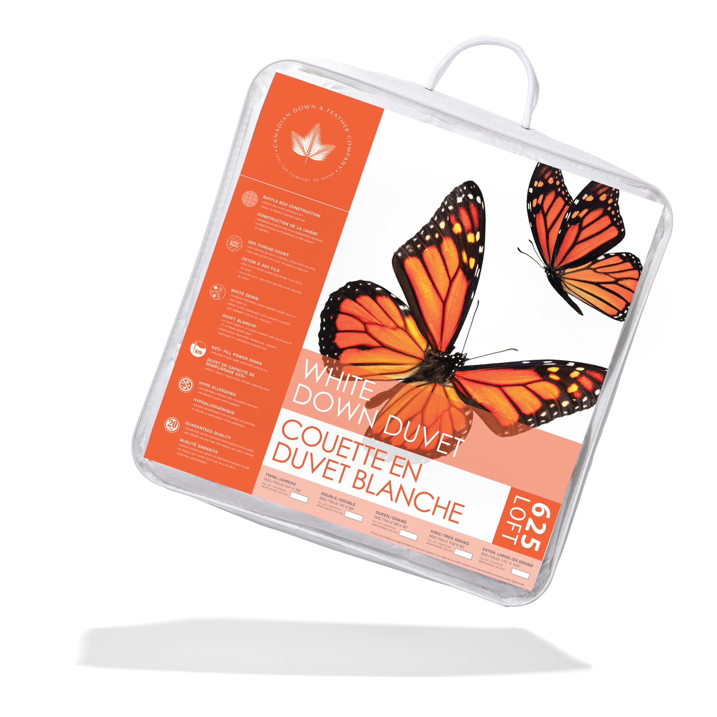 Canadian Down & Feather Co. - Regular Weight 625 Loft White Down Duvet XL King Size - 360 TC Shell 100% Cotton - Filled in Canada