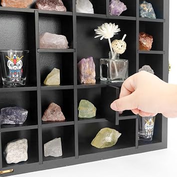 FramePro Rock Display Case, Crystal Collection Box with Shelves, Onyx Opal Crystal Stand Displayed in Grids, Doll Show Holder with Real Glass Lid (Black) (Black, 13.5