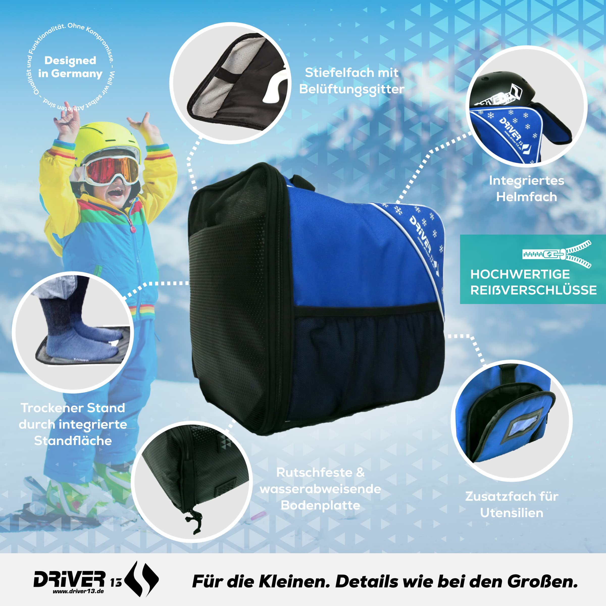 Driver13 Bolsa Infantil para Botas de esquí (bootbag), Bolsa para Botas de esquí Infantiles y Boots de Snowboard, asa de Transporte, Azul