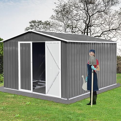 Cobertizos para exteriores de 10 x 8 pies y espacio de almacenamiento al aire libre, casa de herramientas de metal anticorrosión con puerta con