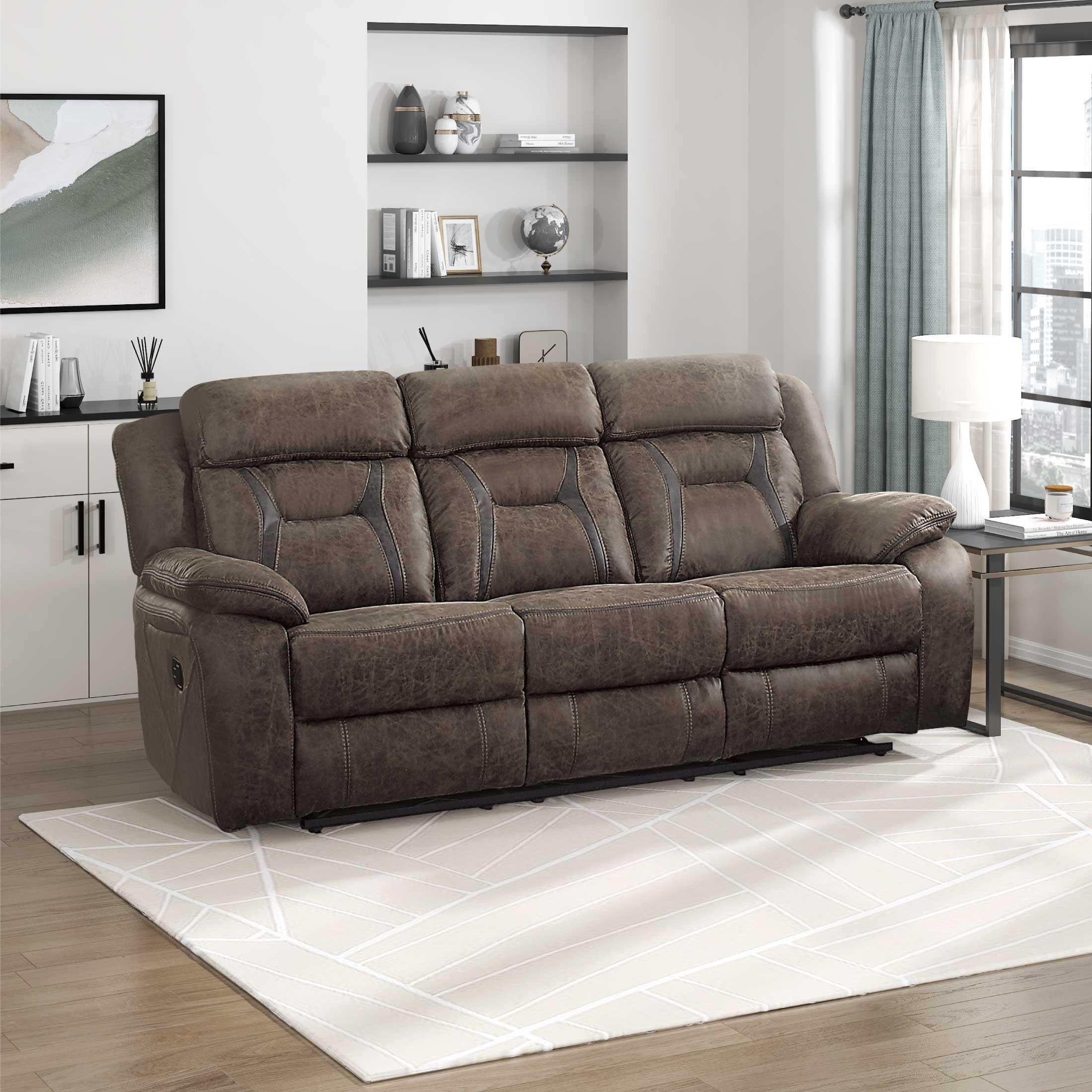 Reclining Couch, Polished Microfiber Manual Double Recliner Sofa, Dark Brown