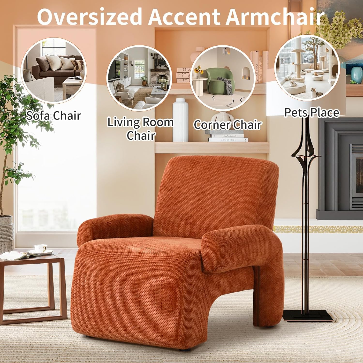 Chenille Oversized Armchair, Extra Large Accent Reading Chair for Adults, Comfy Mid-Century Modern Accent Chair Lounge Chair Arm Chairs for Living Room Bedroom(Brown)