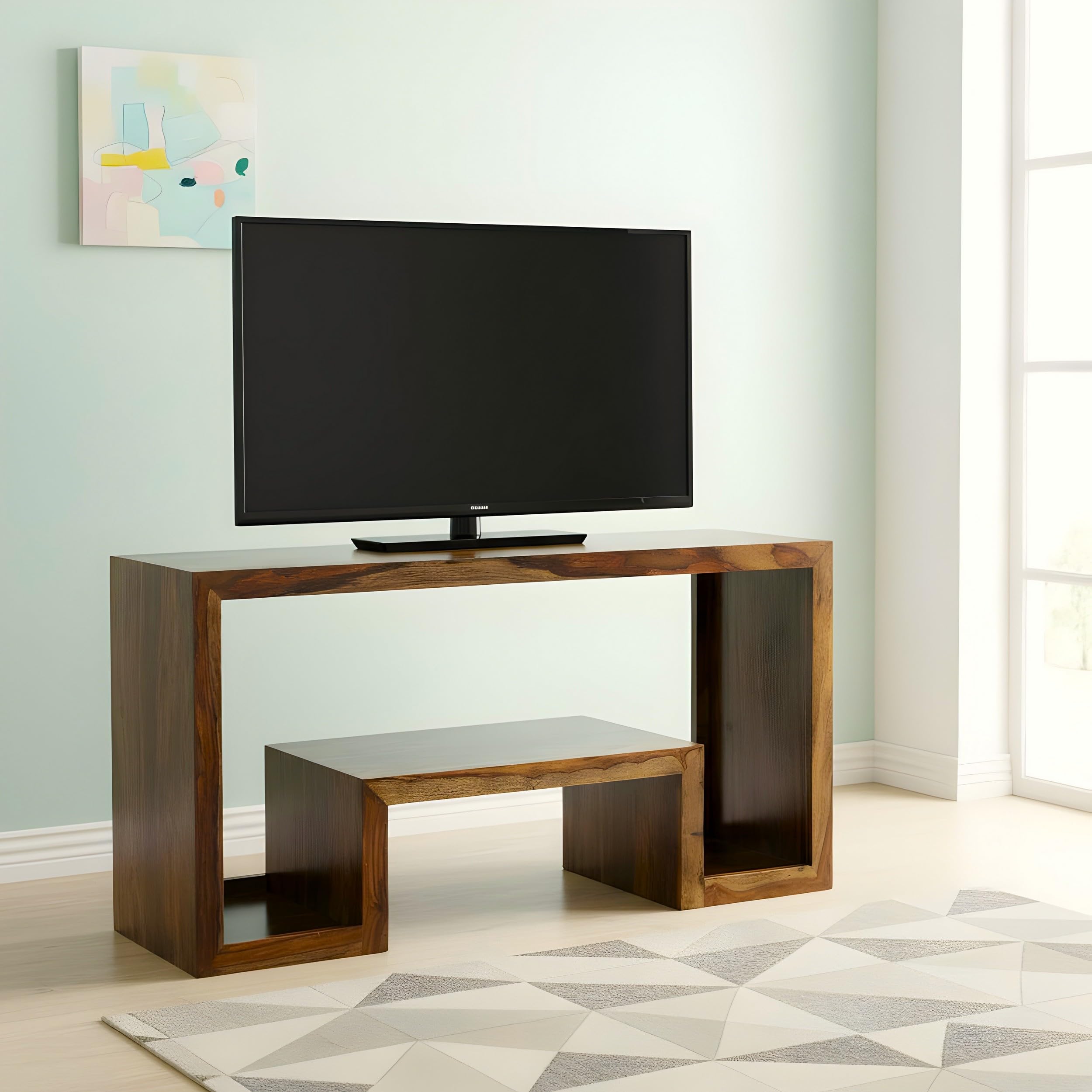 Ikiriya Sheesham Wood TV Cabinet 3 Shelf Storage Rack Wooden Television Entertainment Unit for Bedroom Living Room Home (Teak Finish)-image-13