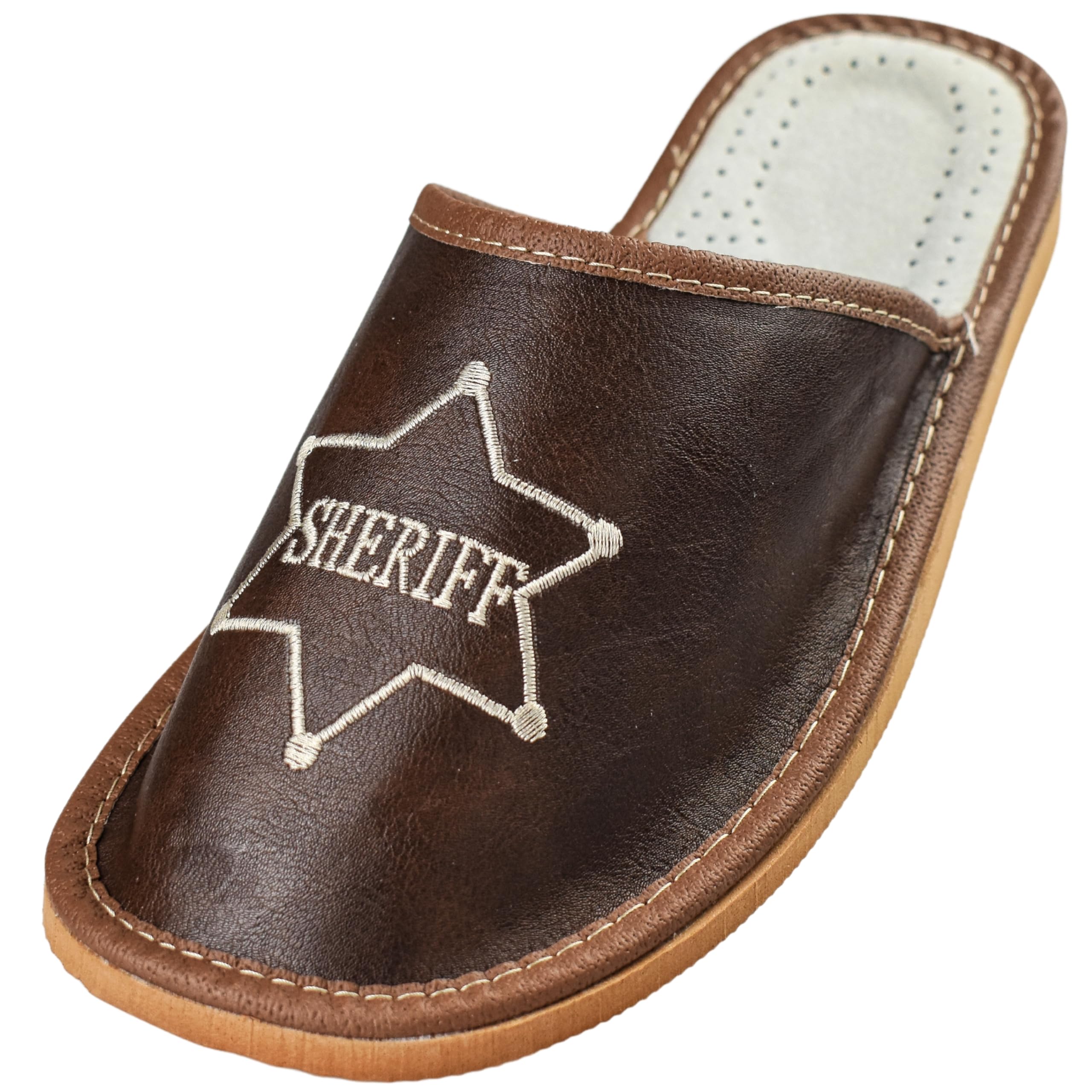 APREGGIO Herren Leder-Hausschuhe – Rutschfeste Pantoffeln mit Stickerei, Bequem für Freizeit & Zuhause, Größen 40–46 EU