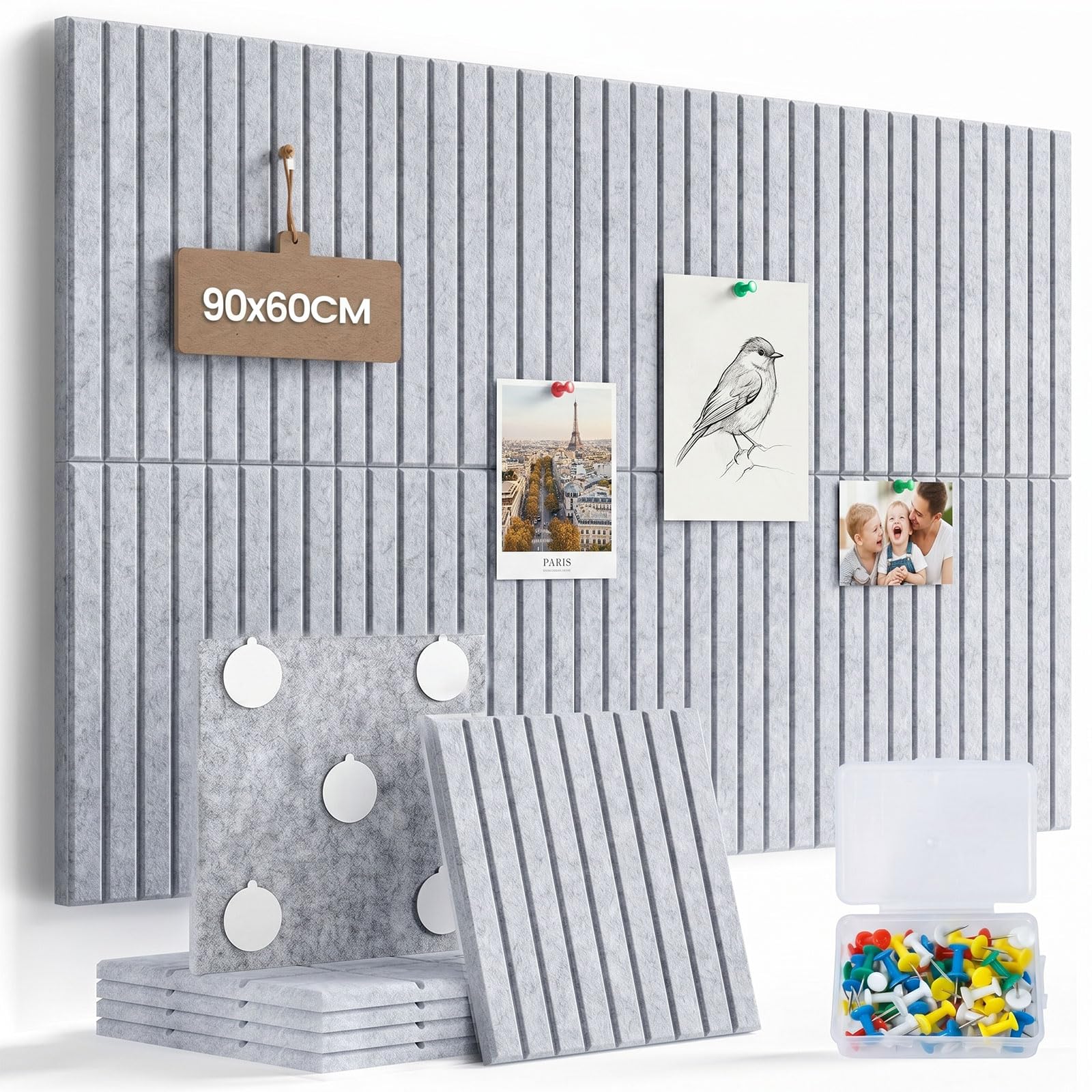 Levede Cork Board Alternative 60x90cm, Felt Bulletin Board, 6 Pack Self Adhesive Notice Board Tiles, Acoustic Pin Board Wall Panels, with 30 Push Pins & 40 Adhesive Tabs, Grey