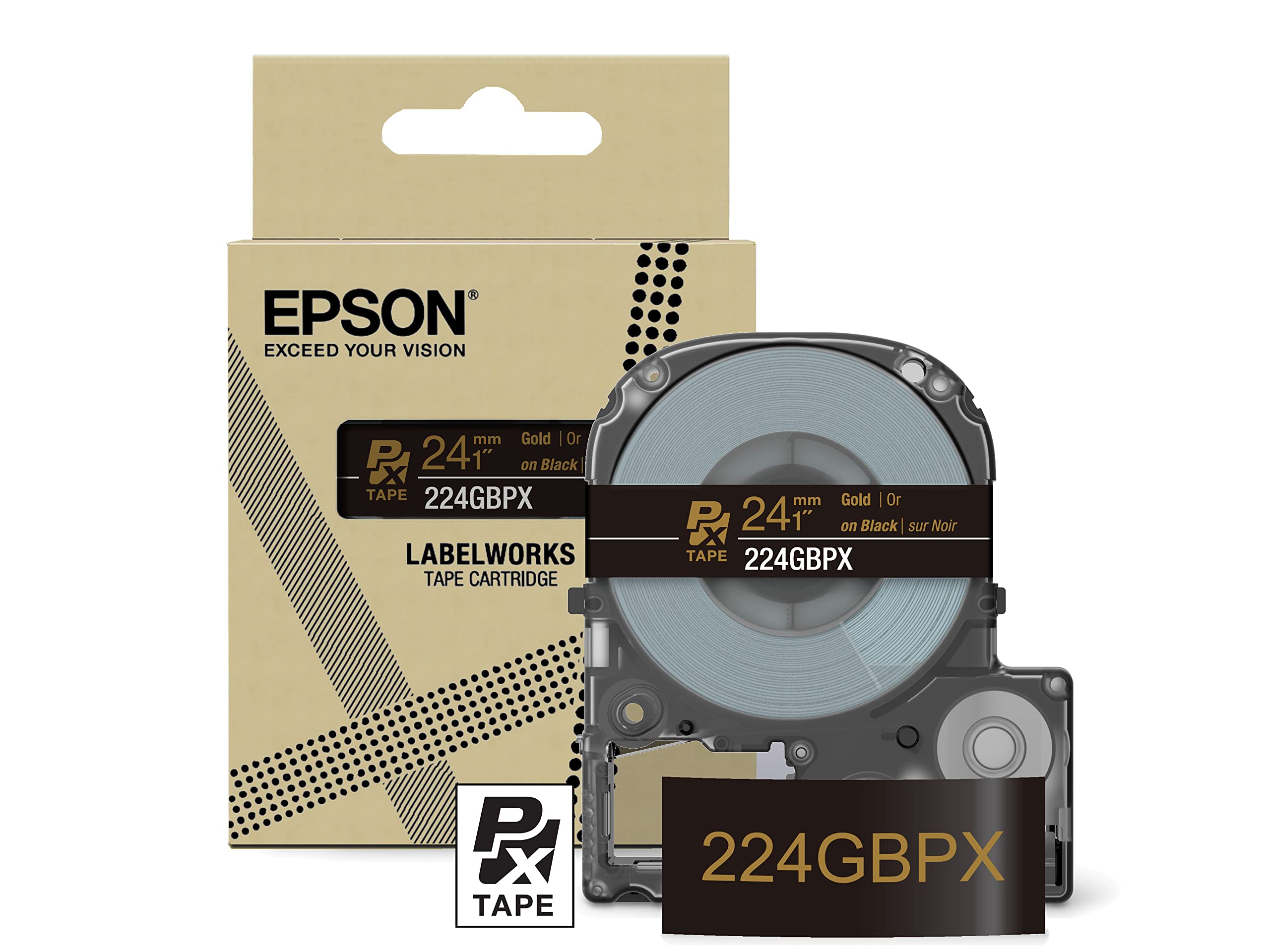 Epson LABELWORKS 224GBPX Genuine PET (Polyester) Tape Cartridge - Gold on Black Designer Craft Label Maker Tape - 1" (24MM) Wide, 30'