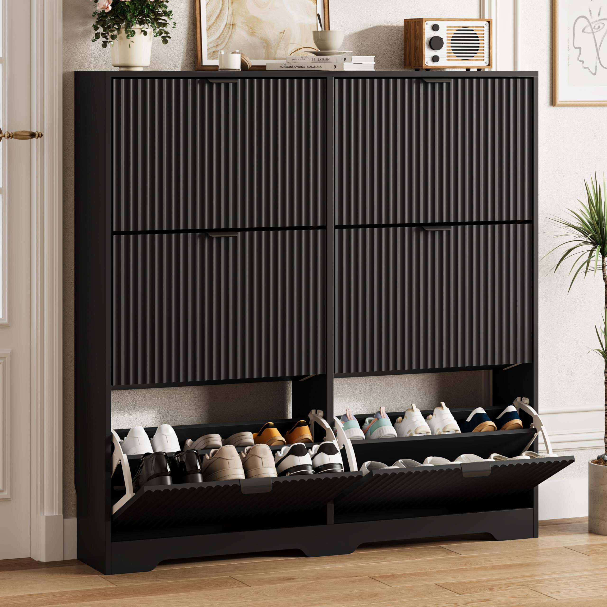 HUANLEGO Shoe Cabinet Storage for Entryway with 6 Flip Drawers, Black