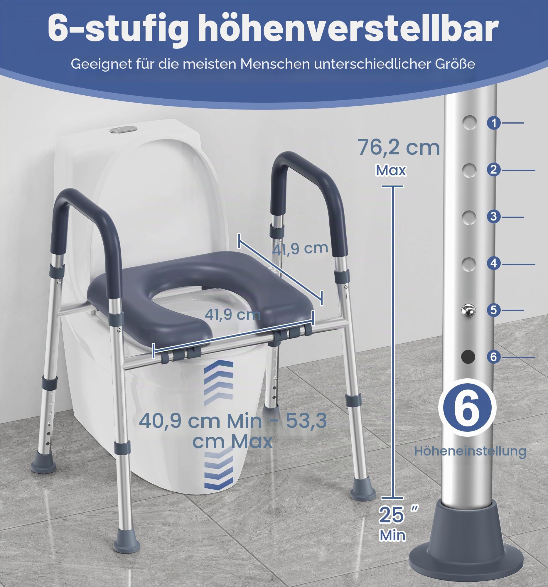 HOMLAND Toilettensitzerhöhung für Senioren, erhöhter WC-Sitz mit Griffen und gepolstertem Sitz, verstellbare Höhe und Breite, 180 kg Handicap, erhöhter Toilettensitz für ältere Menschen, Schwangere