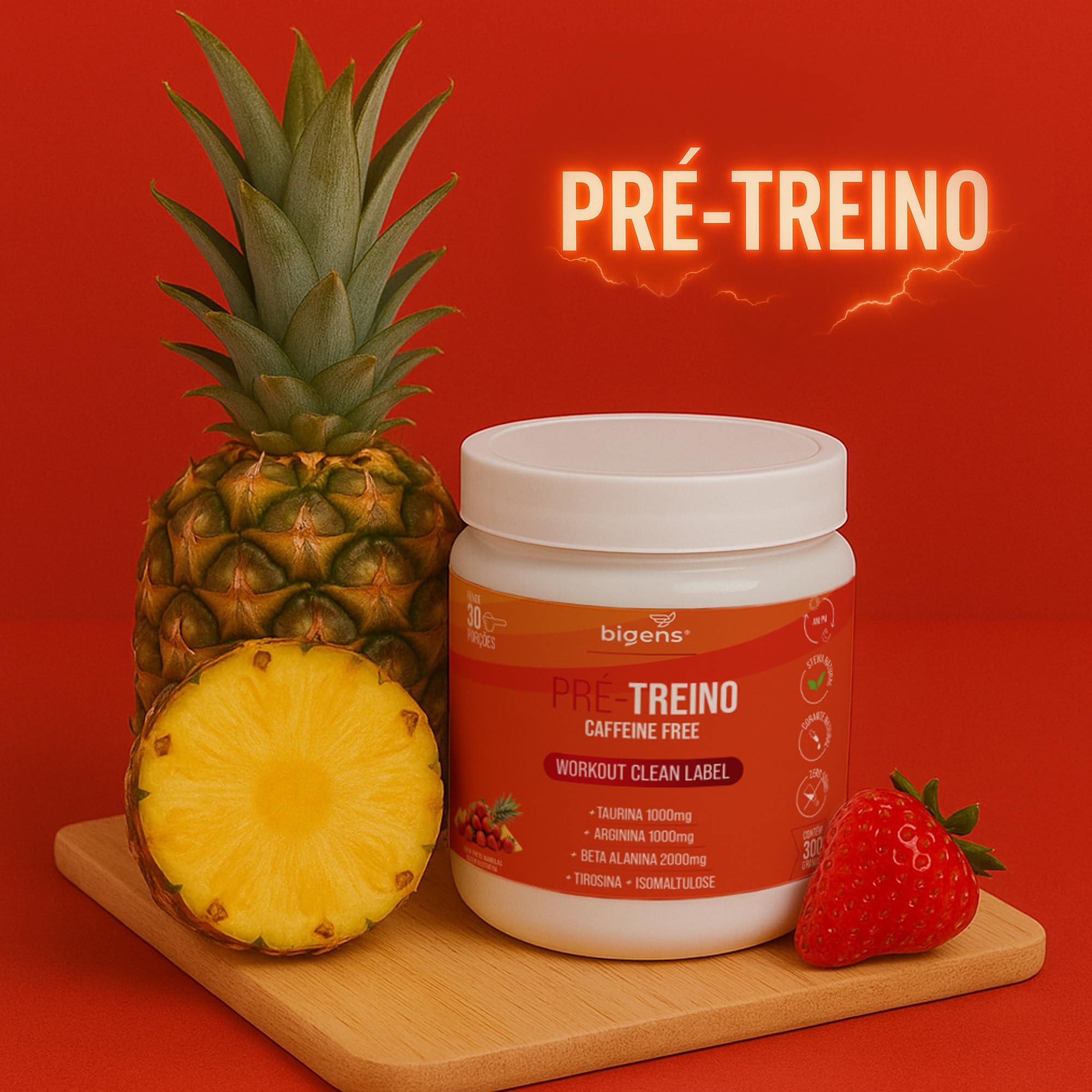 Bigens Pré Treino, Sem Cafeína, Sabor Morango e Abacaxi, 300g