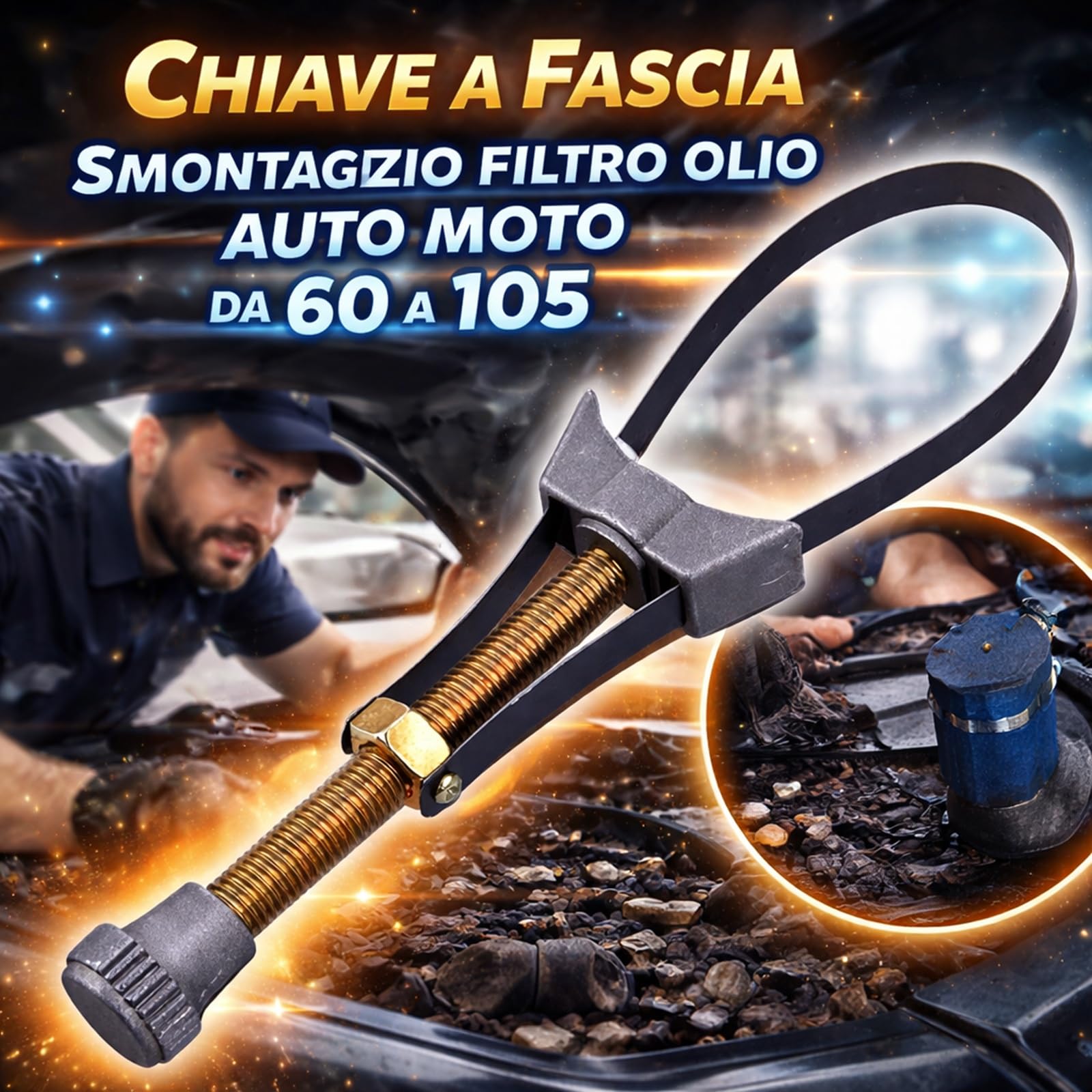 Chiave a Fascia Regolabile Smontaggio Filtro Olio 60-105 mm Auto Moto